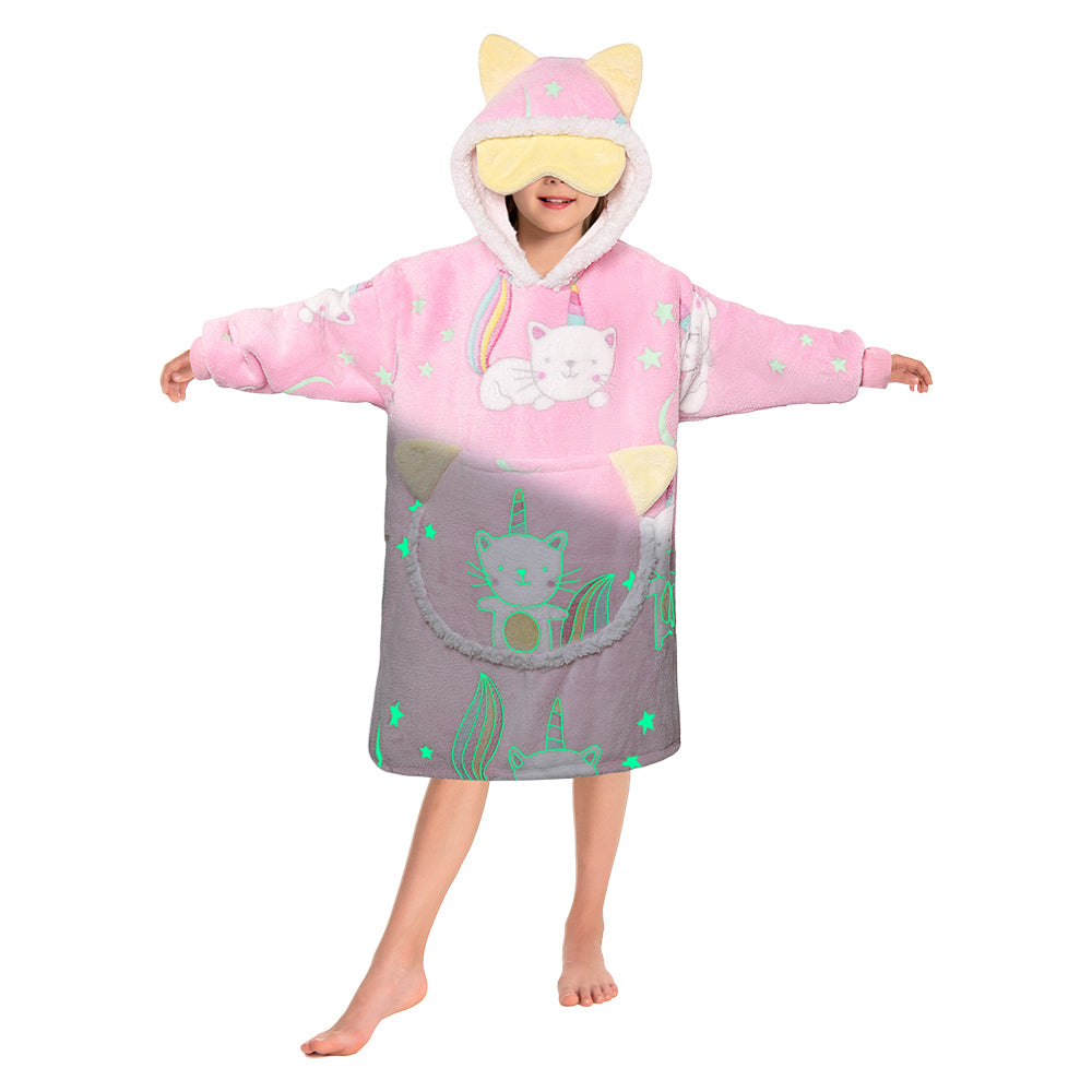 Kids OLAOLA Pink Cat Glow In The Dark Wearable Blanket Hoodie Luminous Animals Onesie Soft Oversized Animal Hooded Blanket