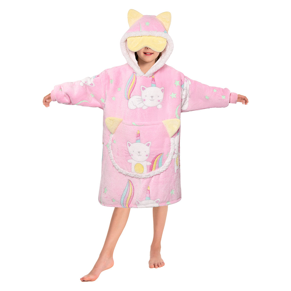 Kids OLAOLA Pink Cat Glow In The Dark Wearable Blanket Hoodie Luminous Animals Onesie Soft Oversized Animal Hooded Blanket