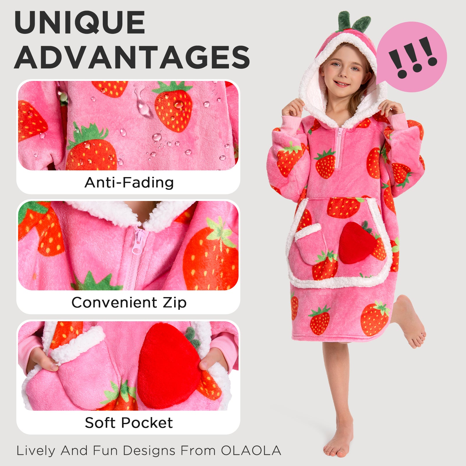 Kids OLAOLA Pink Strawberry Wearable Blanket Hoodie Food Onesie Oversized Soft Homewear With Giant Pocket