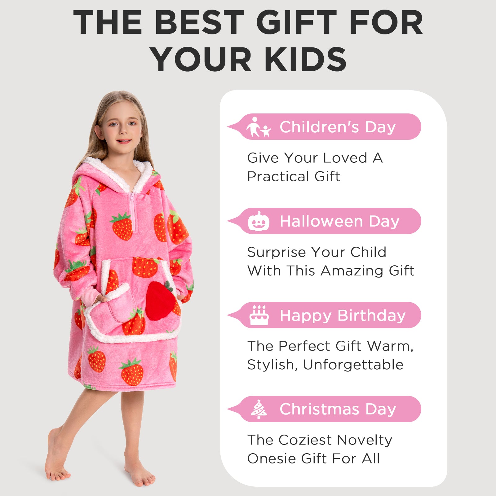 Kids OLAOLA Pink Strawberry Wearable Blanket Hoodie Food Onesie Oversized Soft Homewear With Giant Pocket