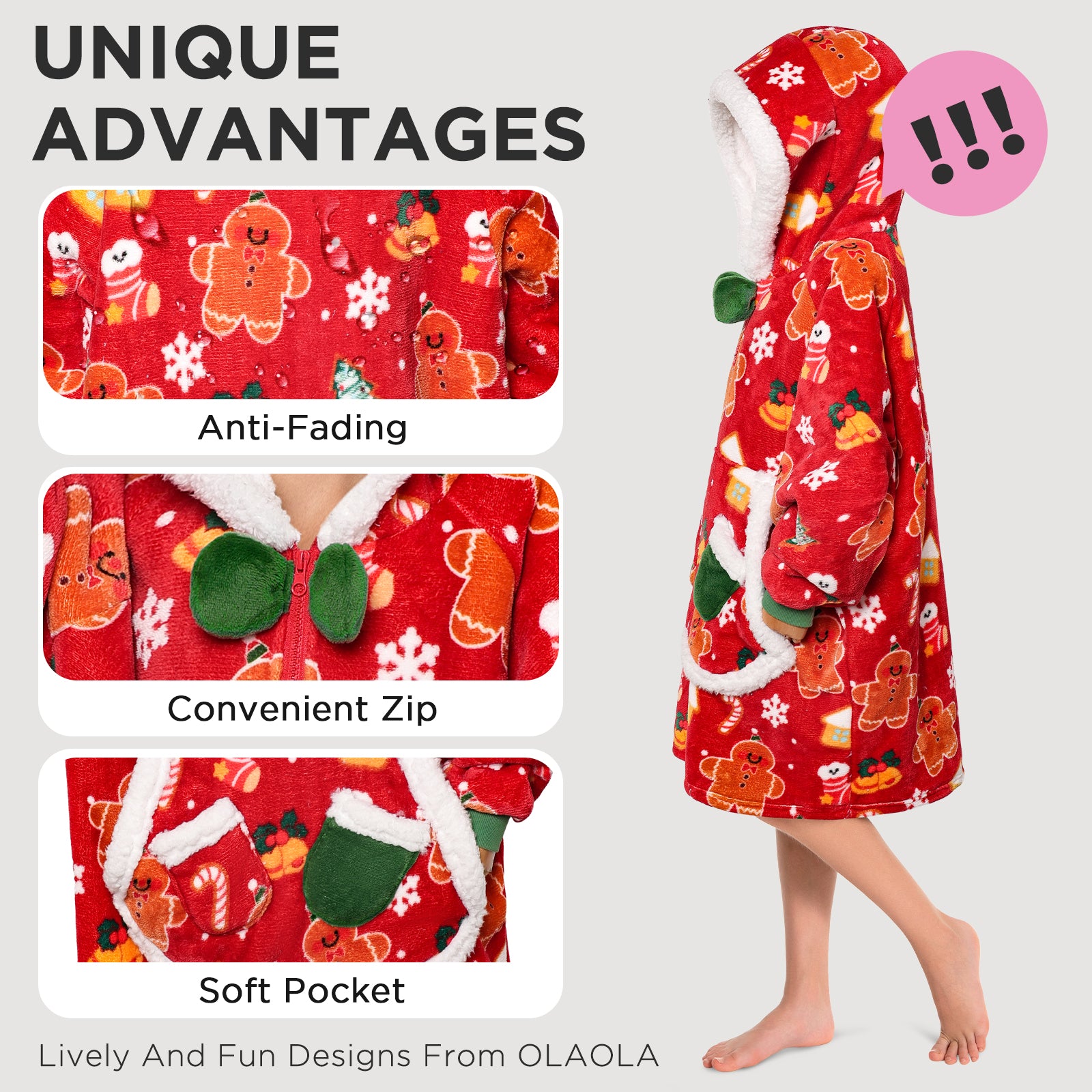 Kids OLAOLA Red Gingerbread Man Wearable Blanket Hoodie Animals Onesie Oversized Soft Christmas Homewear