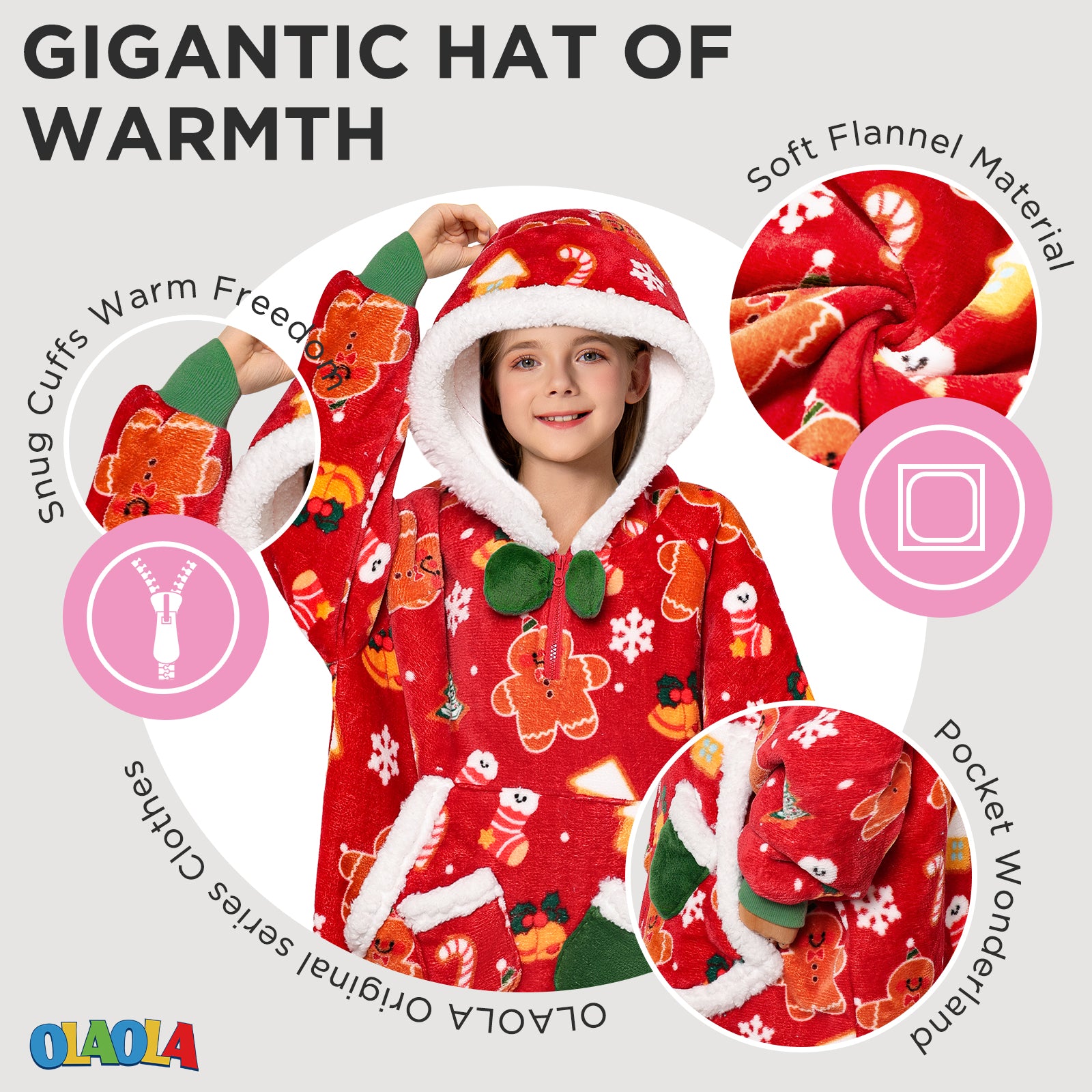 Kids OLAOLA Red Gingerbread Man Wearable Blanket Hoodie Animals Onesie Oversized Soft Christmas Homewear