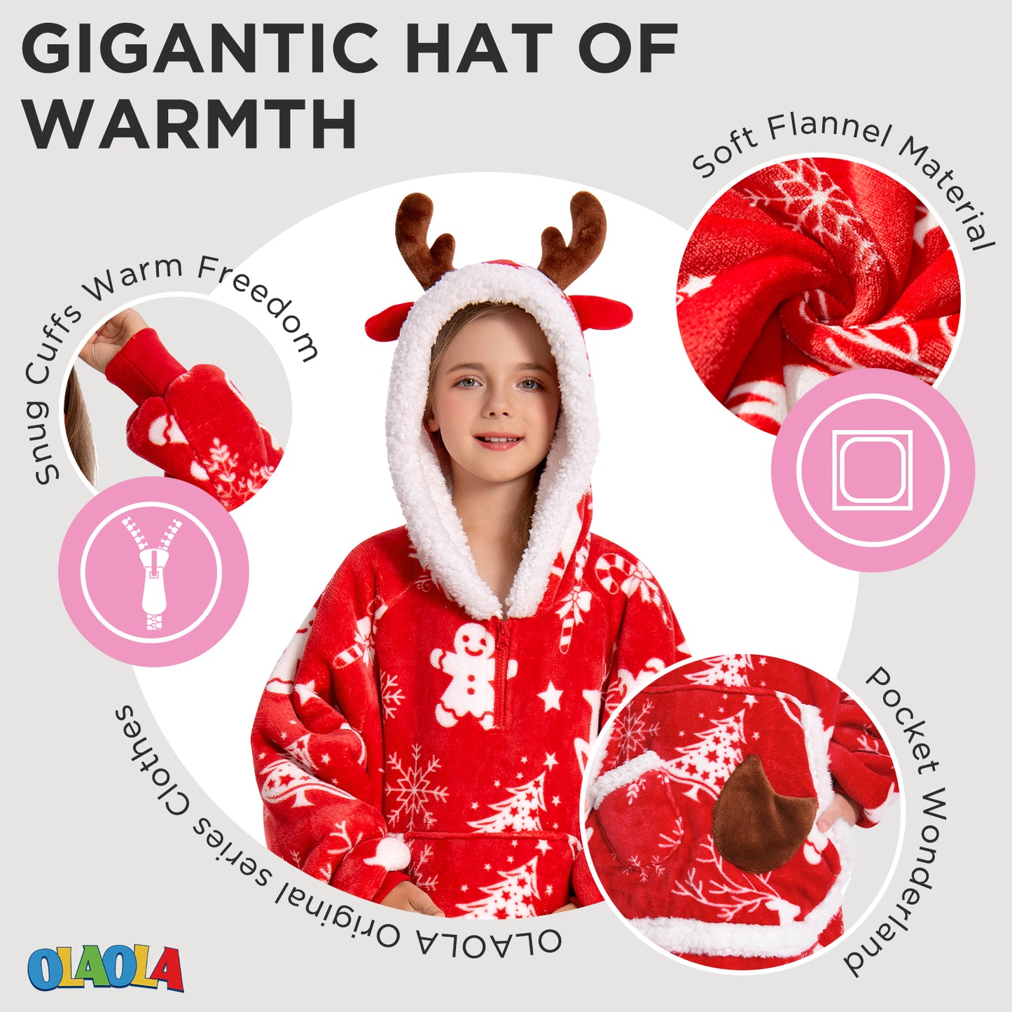 Kids OLAOLA Red Reindeer Wearable Blanket Hoodie Elk Animals Christmas Onesie Oversized Soft Homewear With Giant Pocket