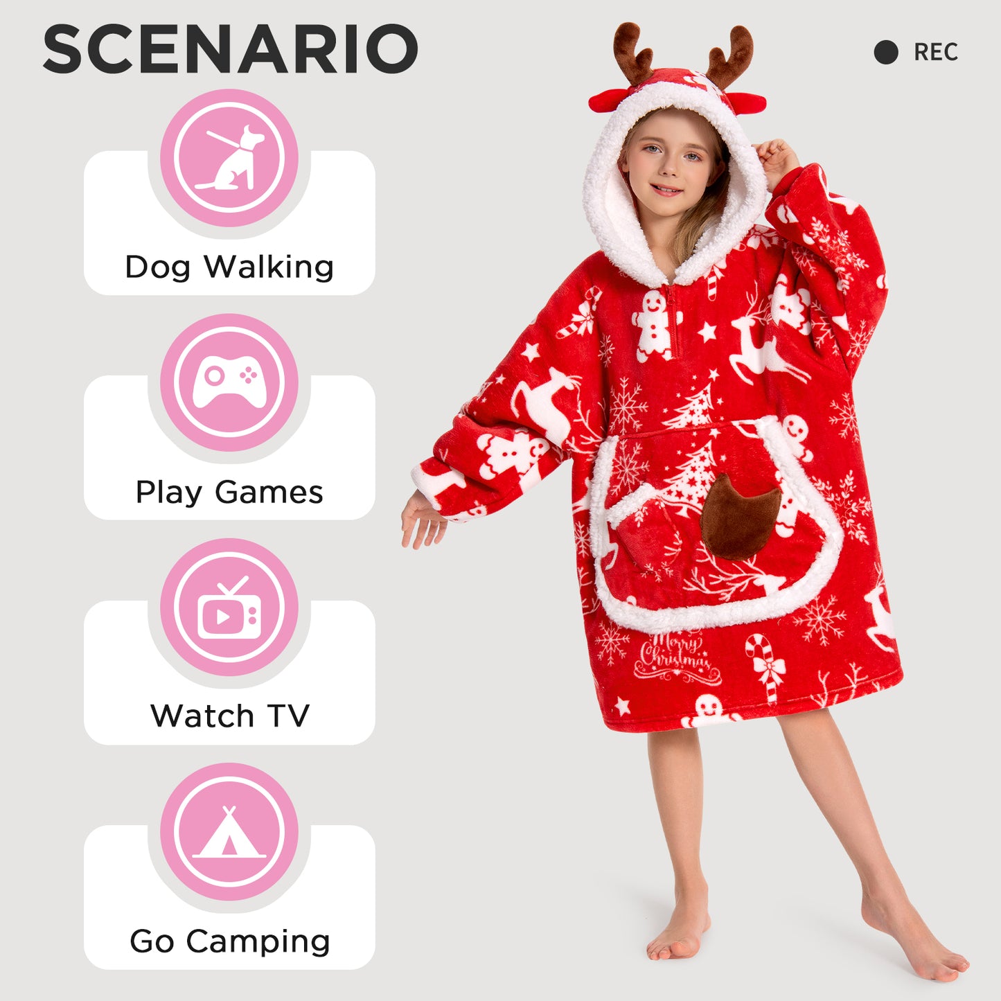 Kids OLAOLA Red Reindeer Wearable Blanket Hoodie Elk Animals Christmas Onesie Oversized Soft Homewear With Giant Pocket