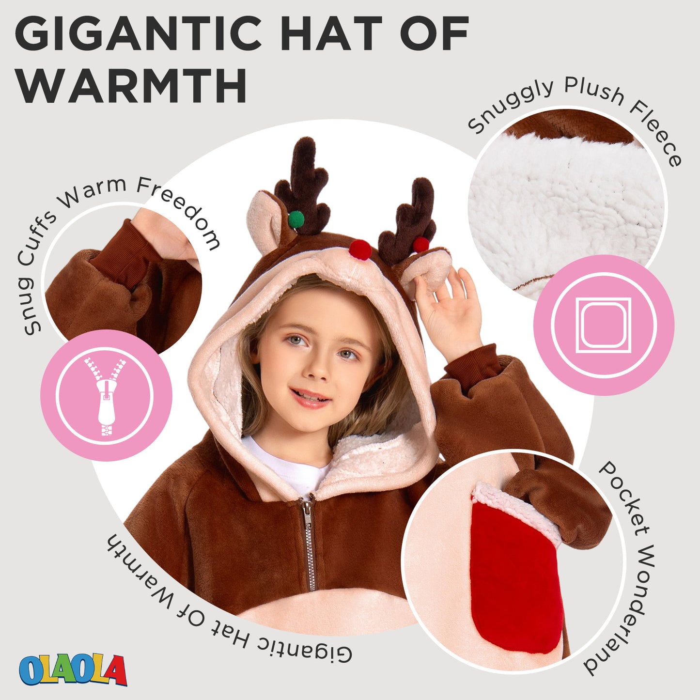 Kids OLAOLA Reindeer Wearable Blanket Hoodie Animals Christmas Onesie Oversized Soft Homewear With Giant Pocket