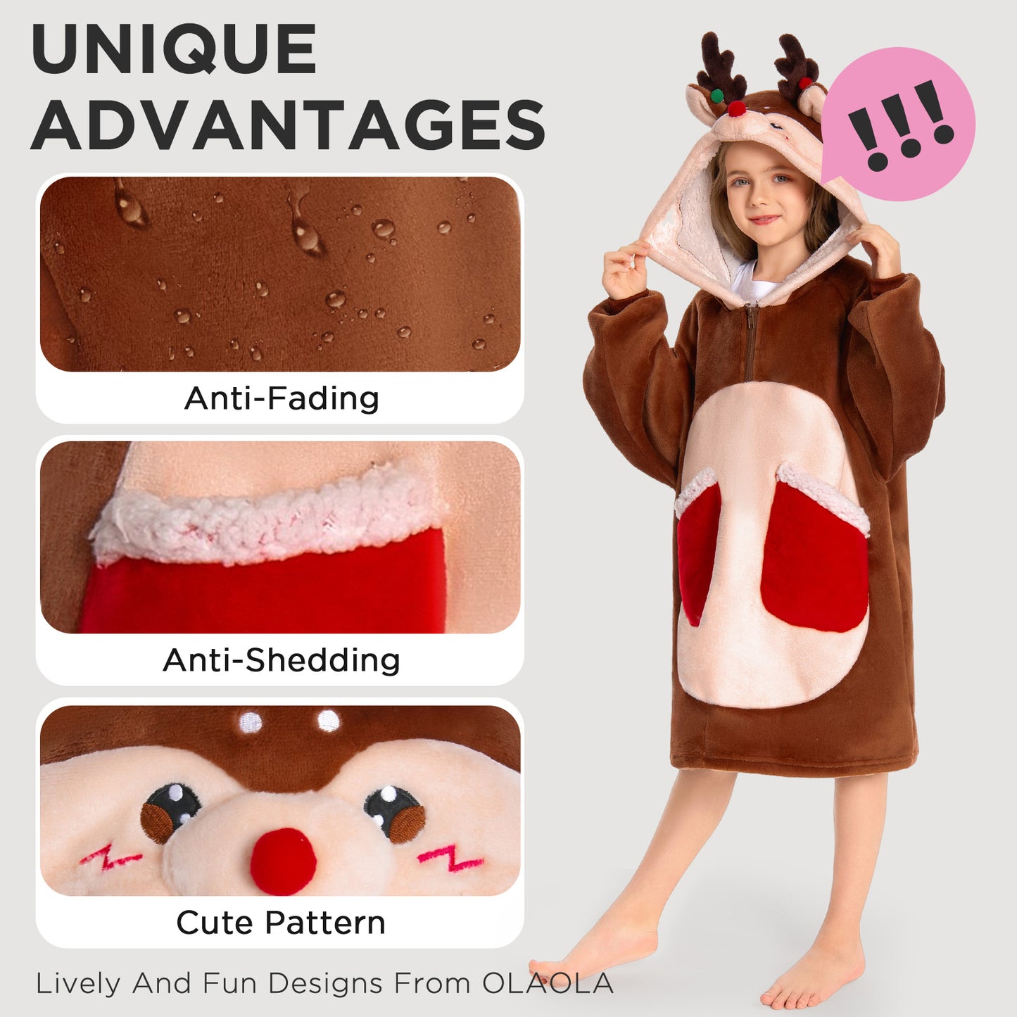 Kids OLAOLA Reindeer Wearable Blanket Hoodie Animals Christmas Onesie Oversized Soft Homewear With Giant Pocket