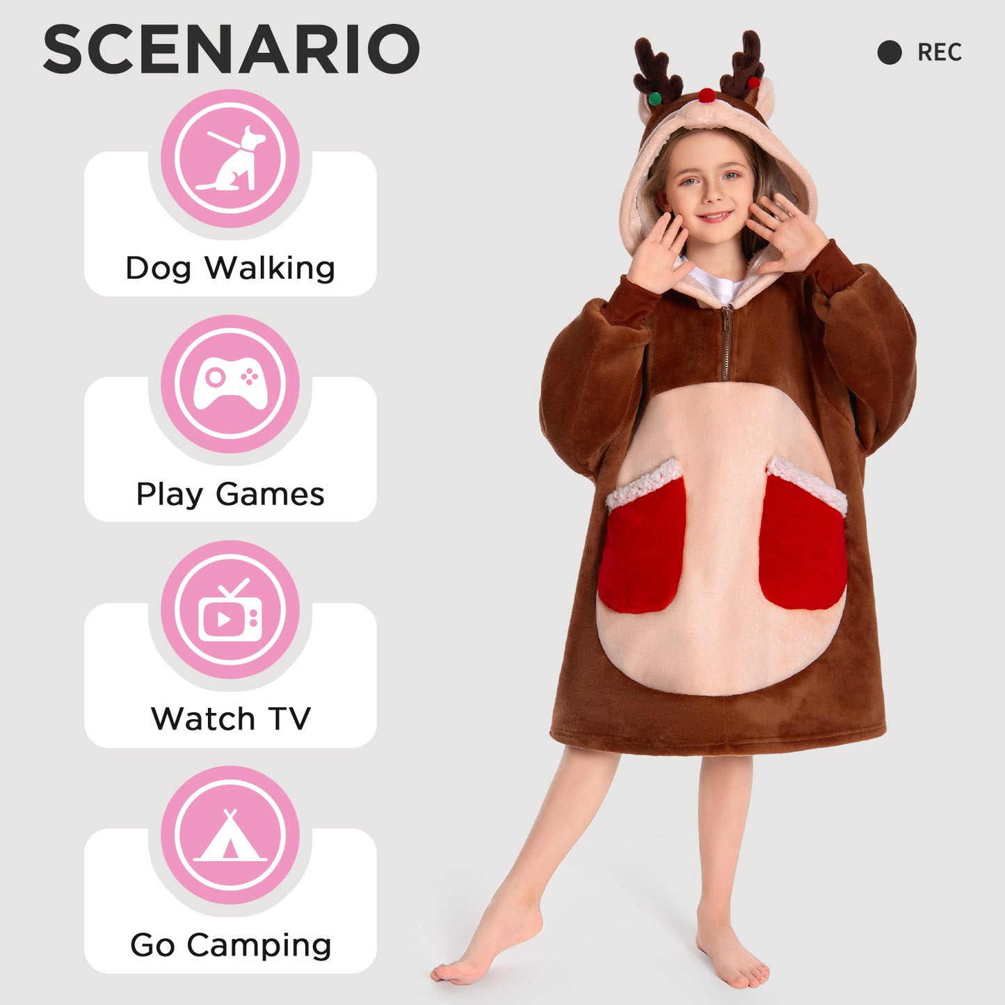 Kids OLAOLA Reindeer Wearable Blanket Hoodie Animals Christmas Onesie Oversized Soft Homewear With Giant Pocket