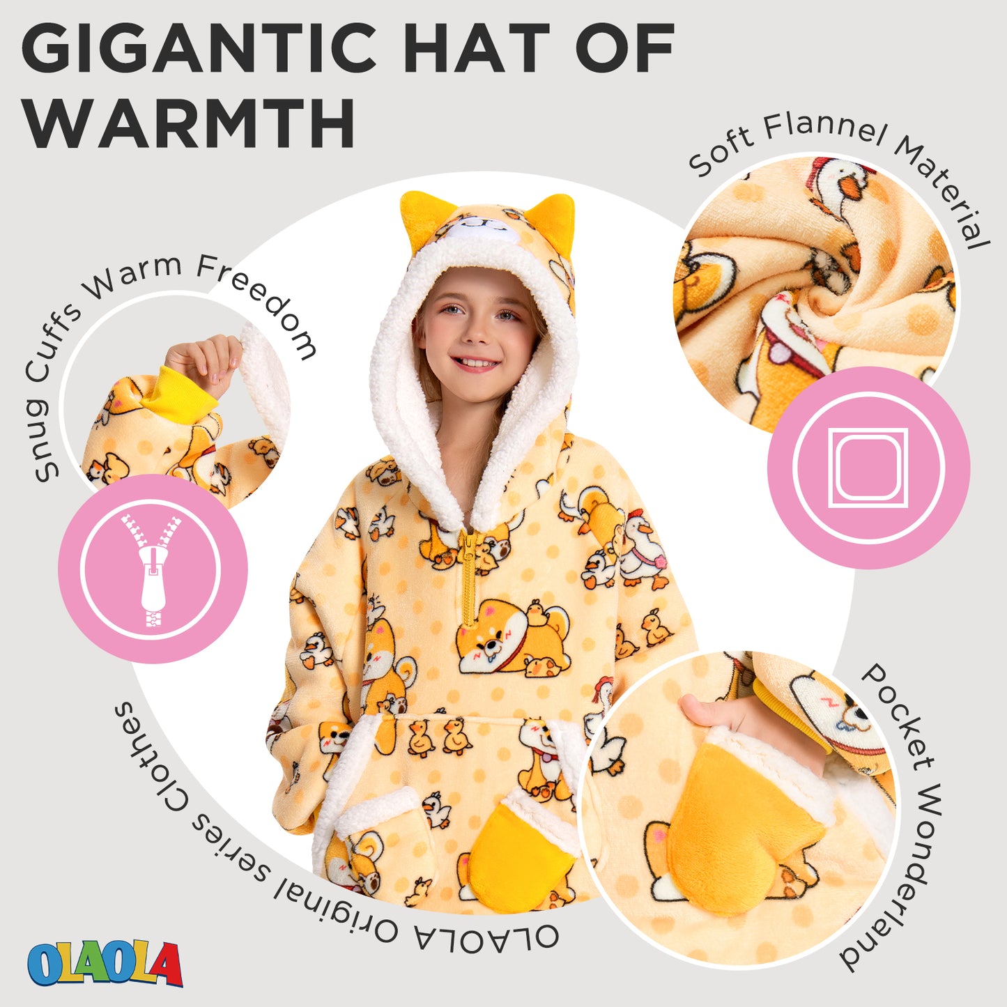 Kids OLAOLA Yellow Dog Wearable Blanket Hoodie Animals Onesie Oversized Soft Warm Cozy Sherpa Fleece Sweatshirt