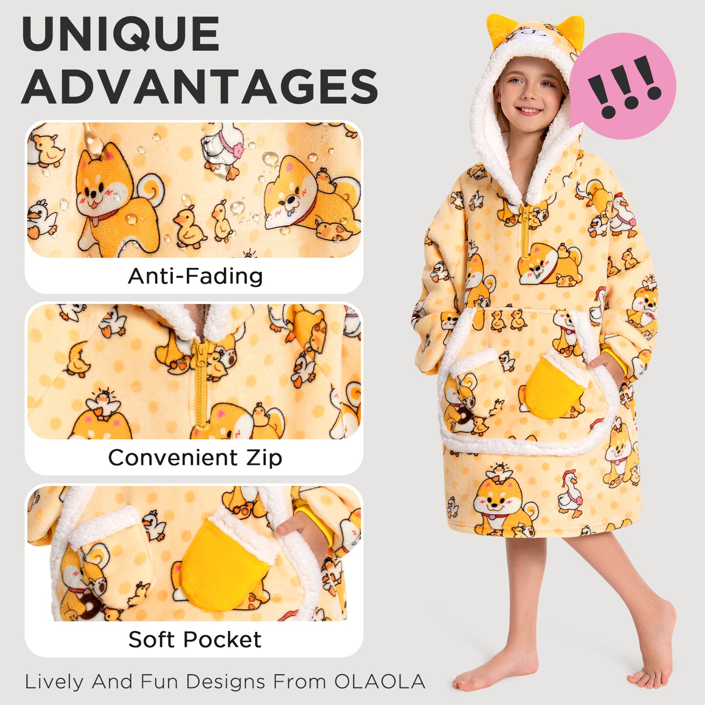 Kids OLAOLA Yellow Dog Wearable Blanket Hoodie Animals Onesie Oversized Soft Warm Cozy Sherpa Fleece Sweatshirt