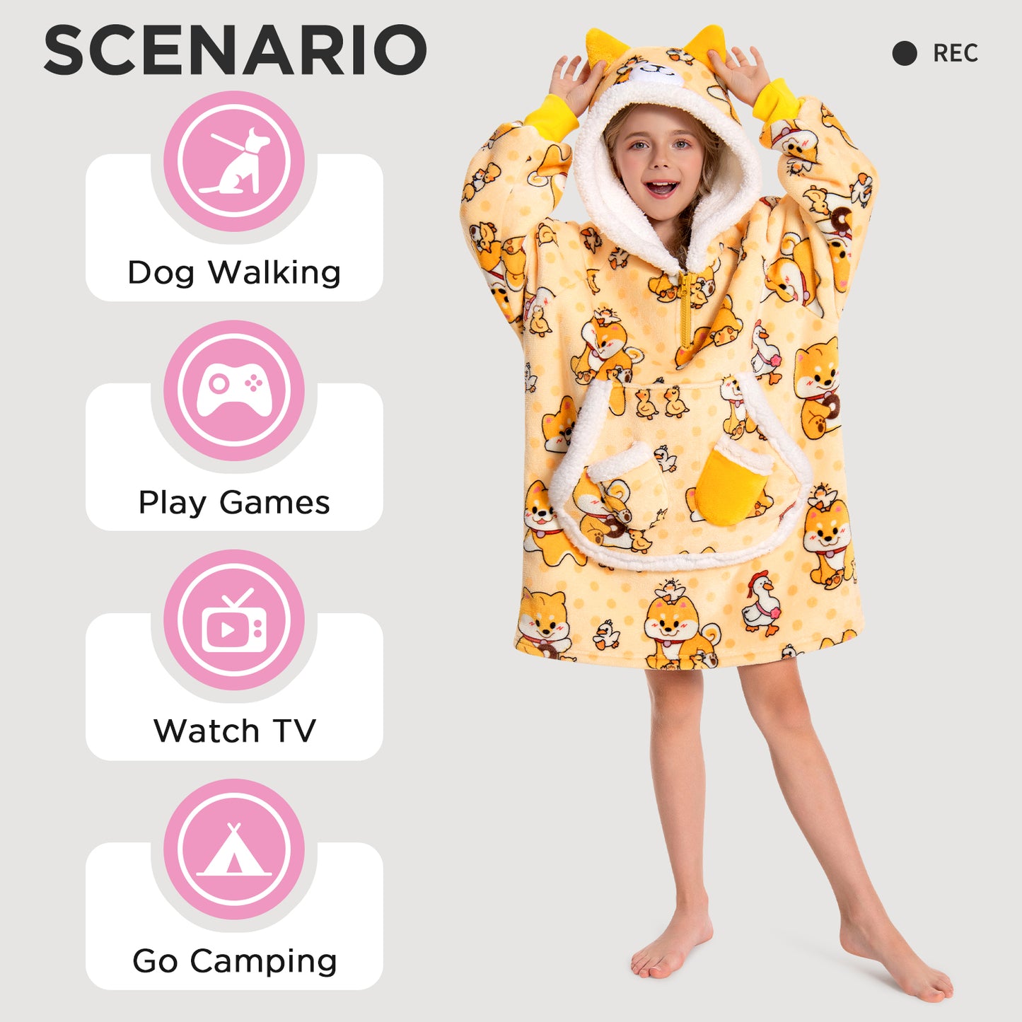 Kids OLAOLA Yellow Dog Wearable Blanket Hoodie Animals Onesie Oversized Soft Warm Cozy Sherpa Fleece Sweatshirt