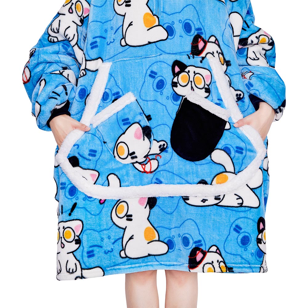 OLAOLA Blue Cat Wearable Blanket Hoodie Animals Onesie Oversized Soft Homwear With Giant Pocket For Adult