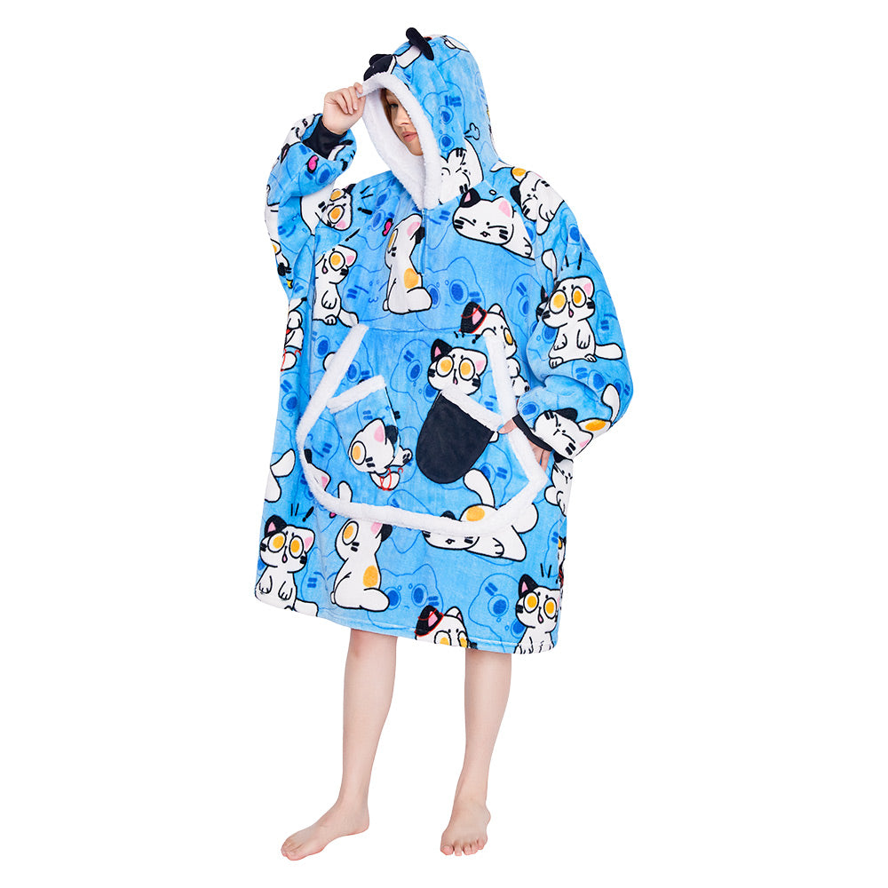 OLAOLA Blue Cat Wearable Blanket Hoodie Animals Onesie Oversized Soft Homwear With Giant Pocket For Adult