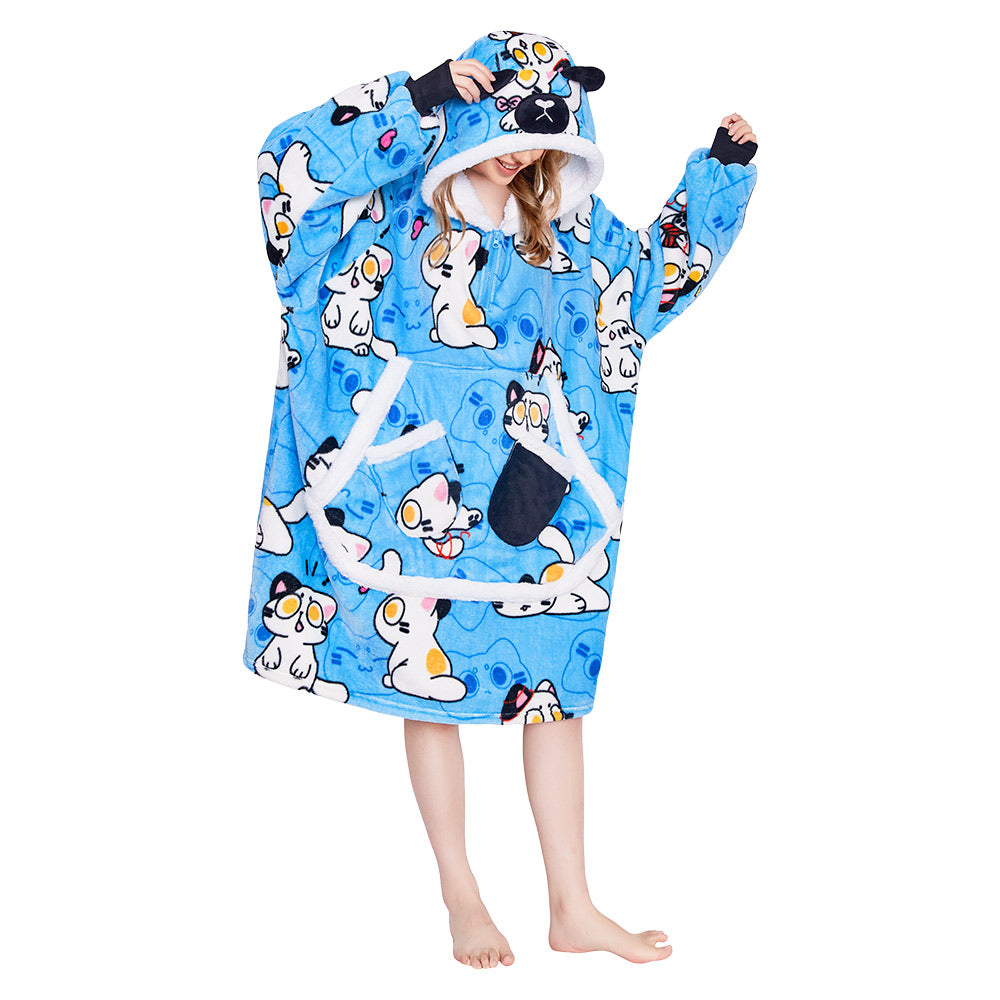 OLAOLA Blue Cat Wearable Blanket Hoodie Animals Onesie Oversized Soft Homwear With Giant Pocket For Adult