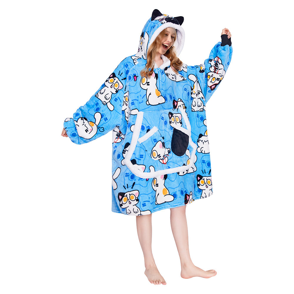 OLAOLA Blue Cat Wearable Blanket Hoodie Animals Onesie Oversized Soft Homwear With Giant Pocket For Adult