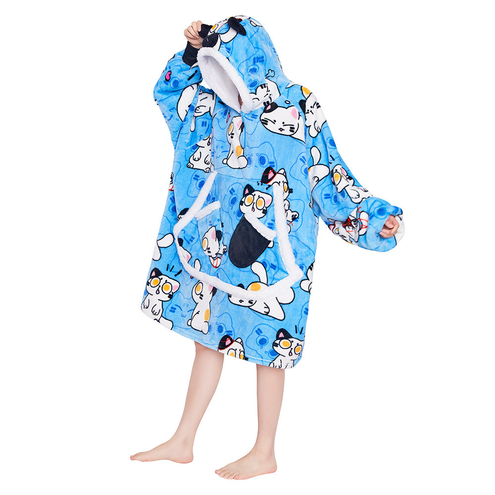 OLAOLA Blue Cat Wearable Blanket Hoodie Animals Onesie Oversized Soft Homwear With Giant Pocket For Adult