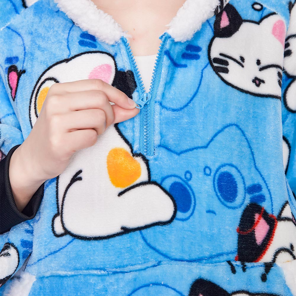 OLAOLA Blue Cat Wearable Blanket Hoodie Animals Onesie Oversized Soft Homwear With Giant Pocket For Adult