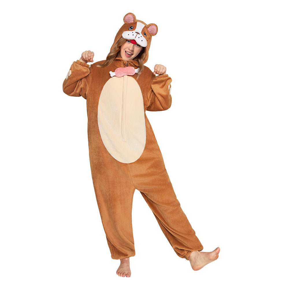 OLAOLA Adult Brown Bulldog Dog Pajamas Soft Animal Onesie Unisex Cozy 3D Hooded Jumpsuit Halloween Christmas Costume