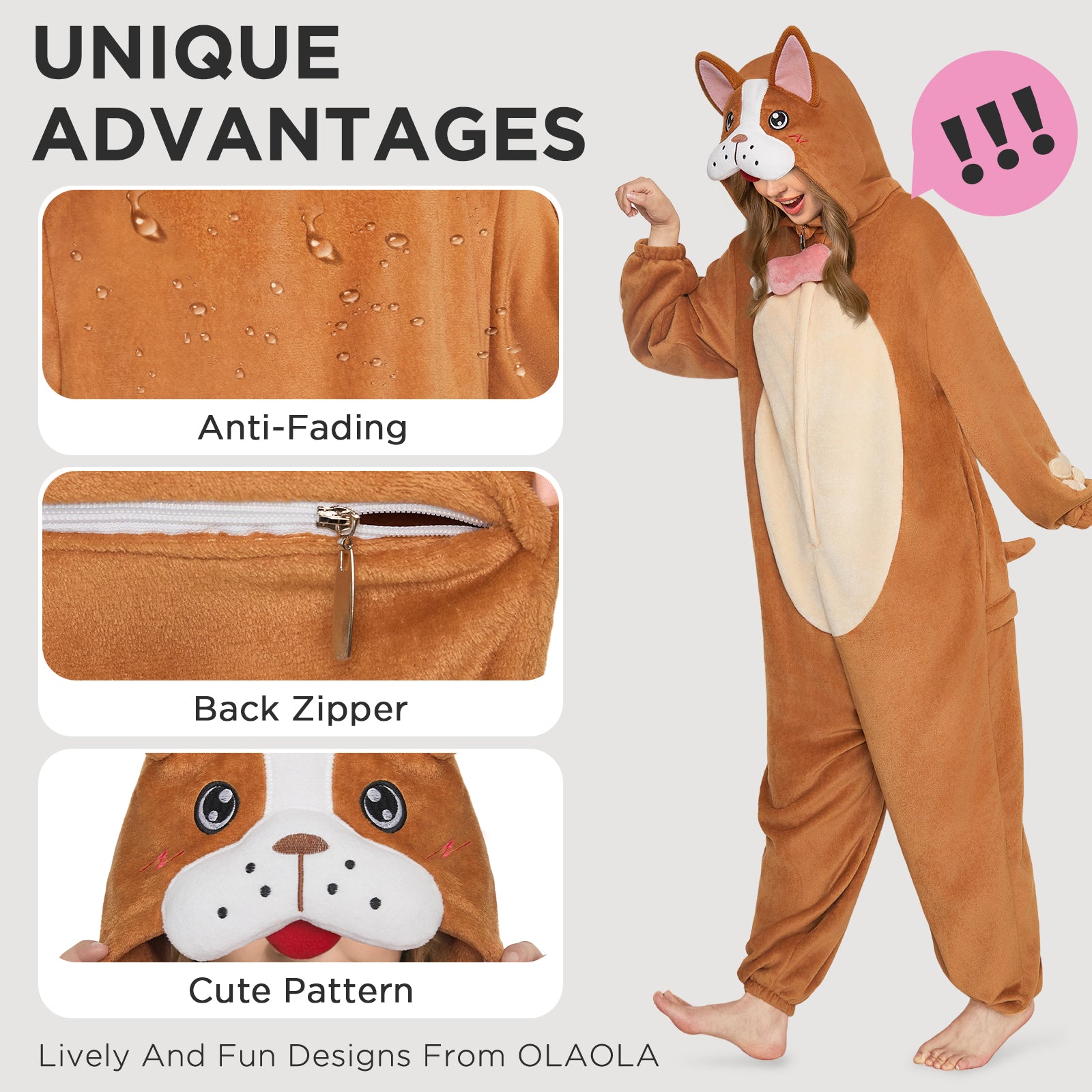 OLAOLA Adult Brown Bulldog Dog Pajamas Soft Animal Onesie Unisex Cozy 3D Hooded Jumpsuit Halloween Christmas Costume