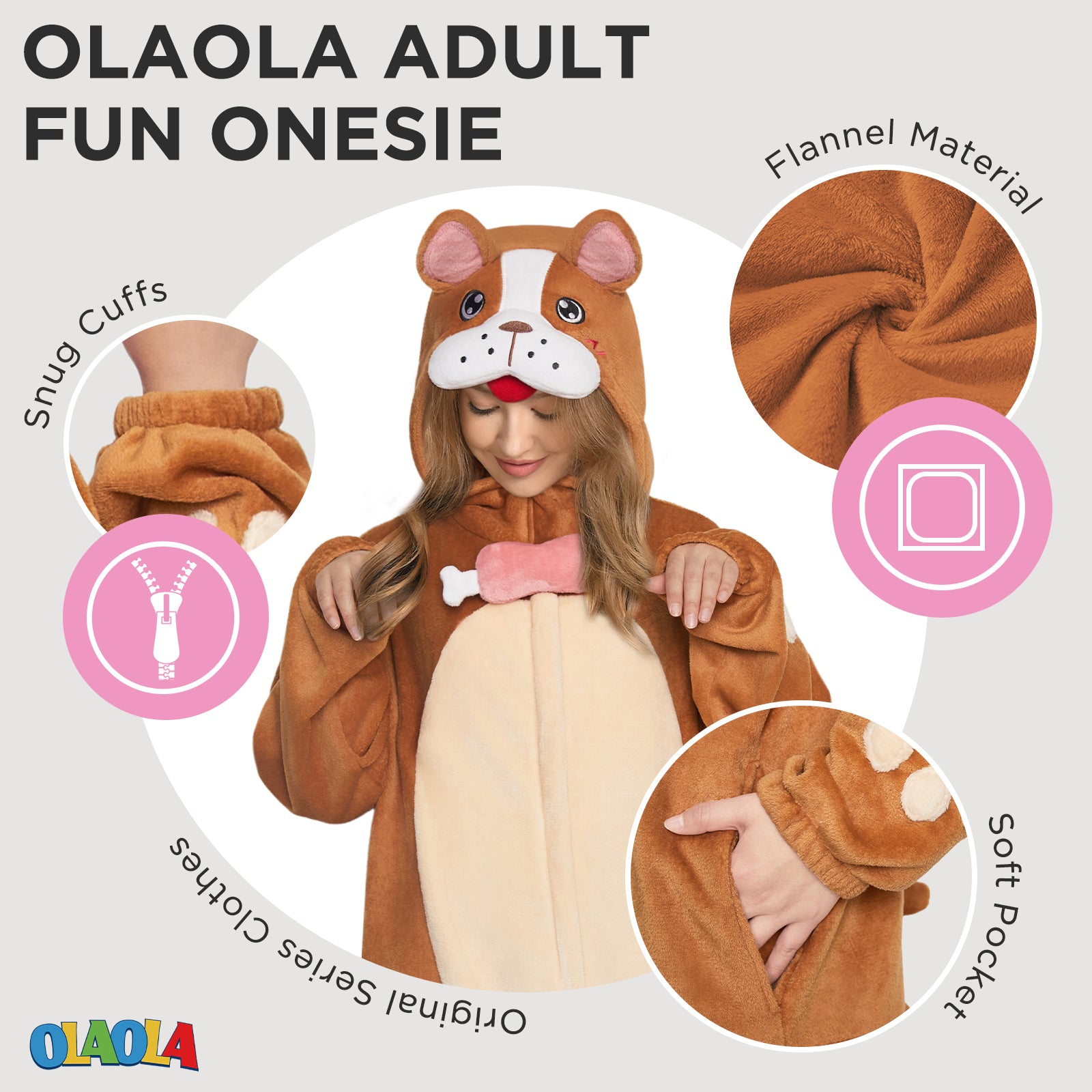 OLAOLA Adult Brown Bulldog Dog Pajamas Soft Animal Onesie Unisex Cozy 3D Hooded Jumpsuit Halloween Christmas Costume