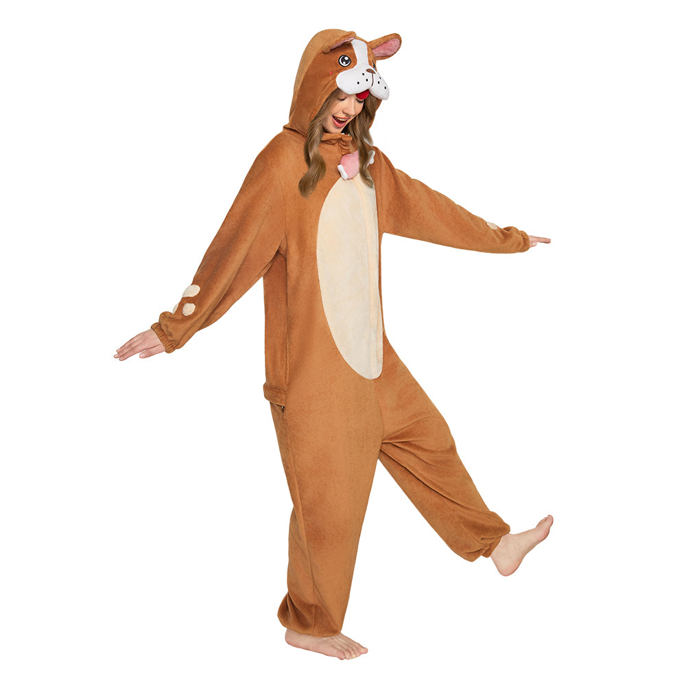 OLAOLA Adult Brown Bulldog Dog Pajamas Soft Animal Onesie Unisex Cozy 3D Hooded Jumpsuit Halloween Christmas Costume