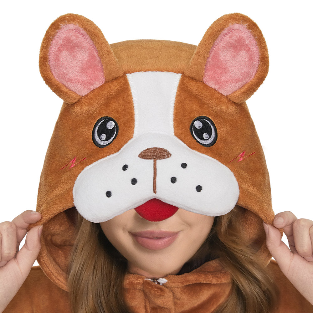 OLAOLA Adult Brown Bulldog Dog Pajamas Soft Animal Onesie Unisex Cozy 3D Hooded Jumpsuit Halloween Christmas Costume
