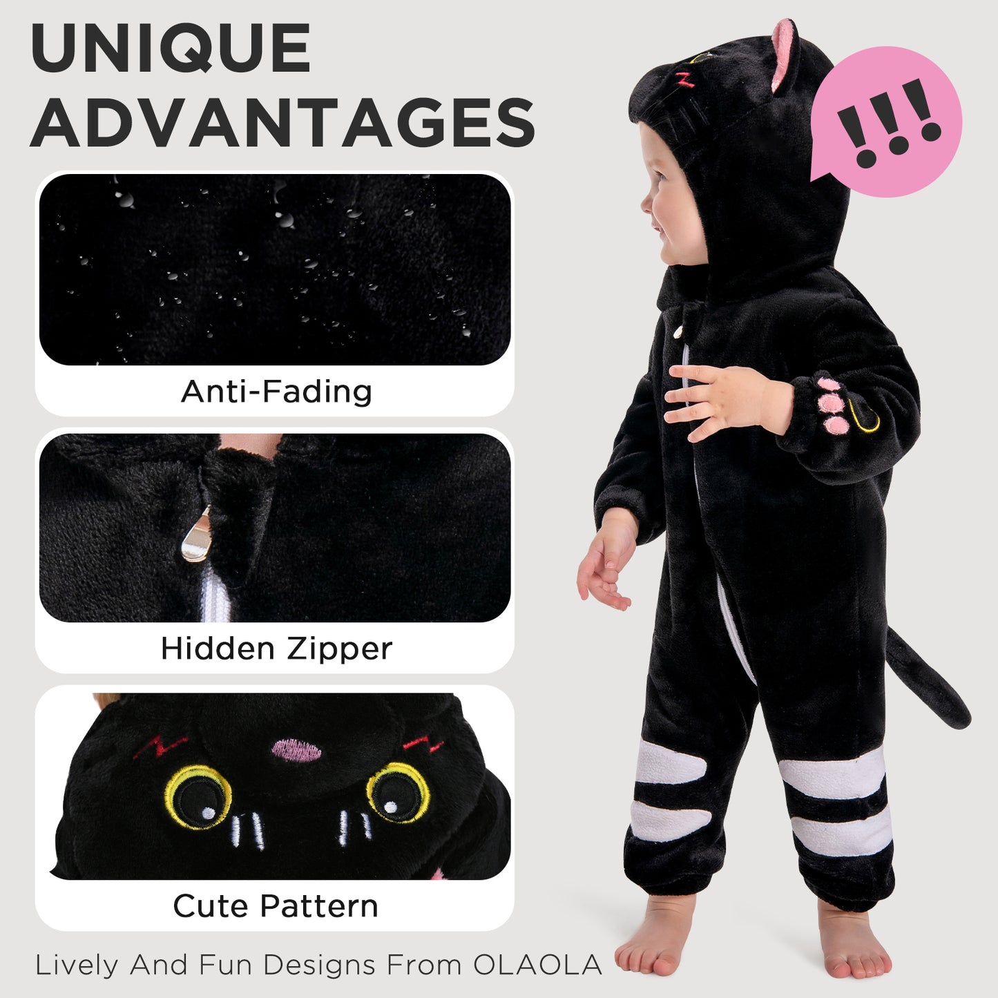 OLAOLA Baby Black Cat Pajamas Animal Onesie Toddler Romper Plush Dress Up Infant Outfits Halloween Suit