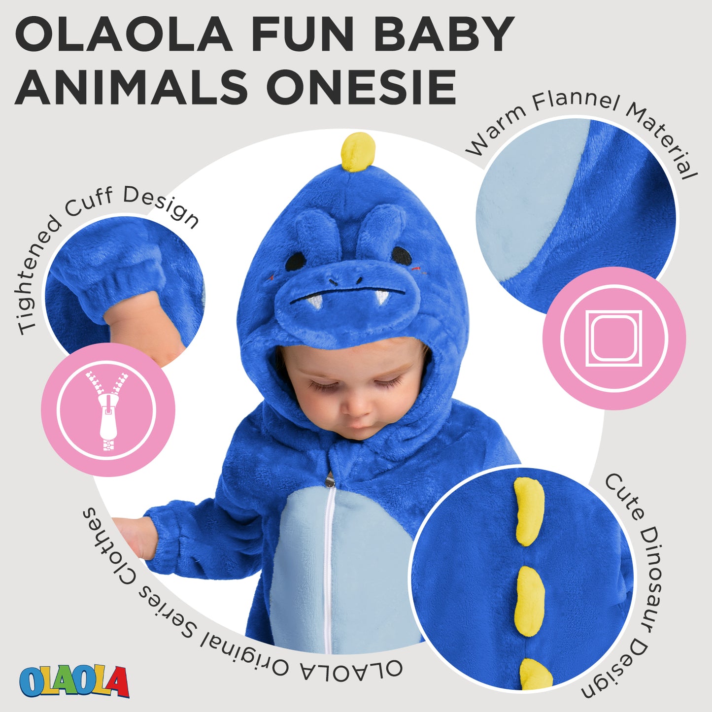 OLAOLA Baby Blue Dinosaur Pajamas Animal Onesie Toddler Romper Plush Dress Up Infant Outfits Halloween Suit