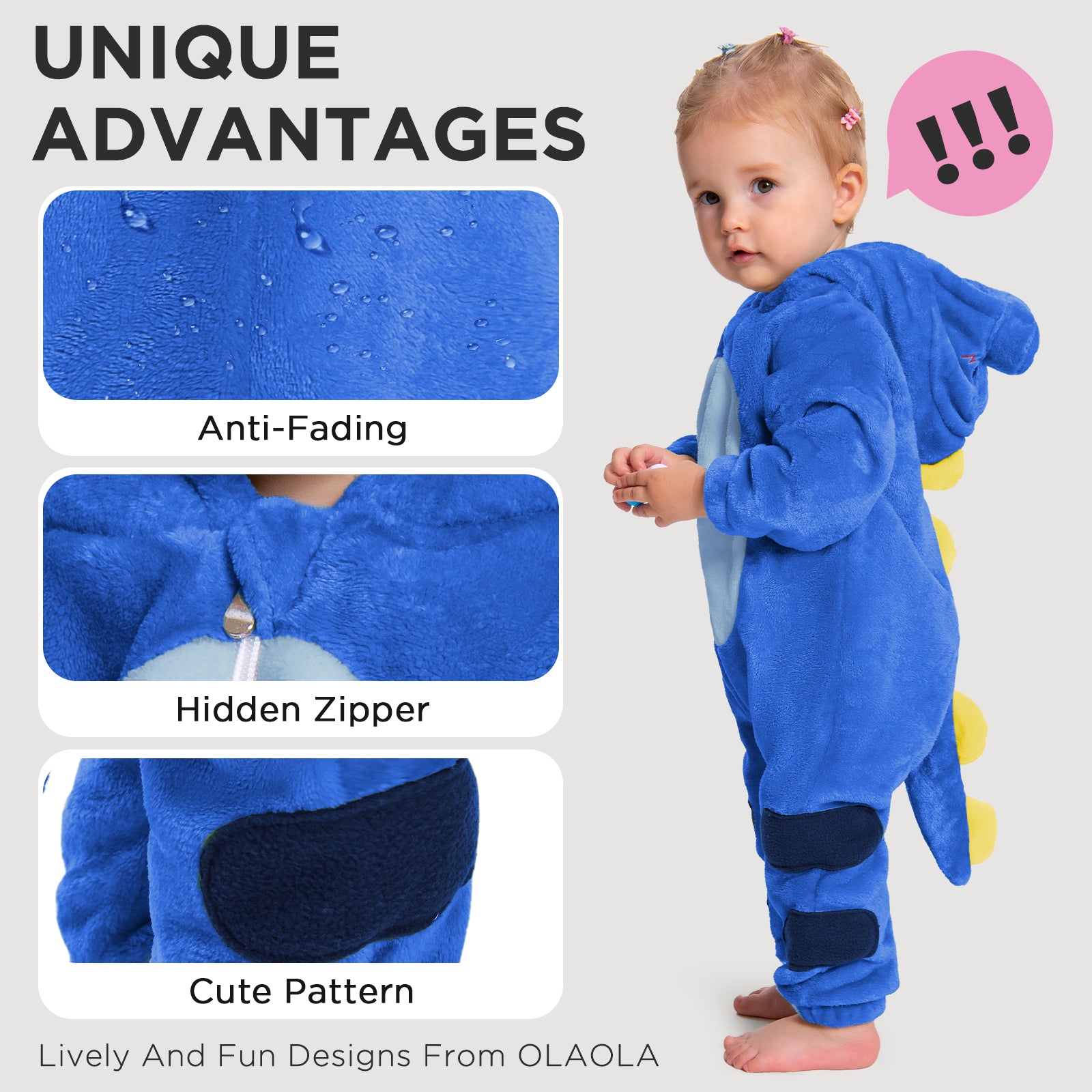 OLAOLA Baby Blue Dinosaur Pajamas Animal Onesie Toddler Romper Plush Dress Up Infant Outfits Halloween Suit