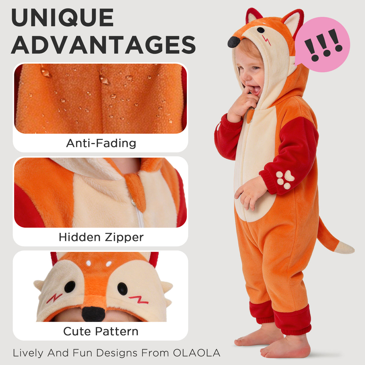 OLAOLA Baby Fox Jumpsuit Cozy Pajamas Soft Animal Onesie Toddler Romper Plush Dress Up Infant Outfits Halloween Suit