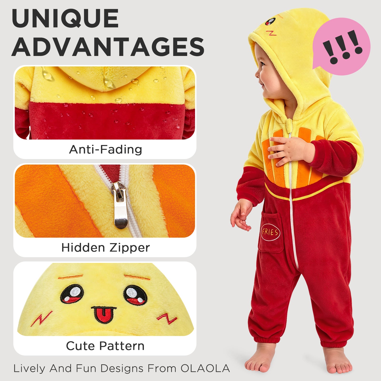 OLAOLA Baby French Fries Jumpsuit Unisex Toddler Costume Soft Cozy Flannel Onesie Halloween Cosplay Romper