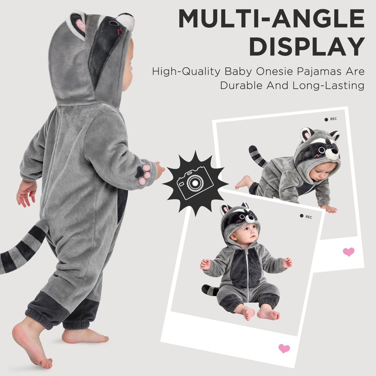 OLAOLA Baby Gray Raccoon Jumpsuit Pajamas Animal Onesie Toddler Romper Plush Dress Up Infant Outfits Halloween Suit