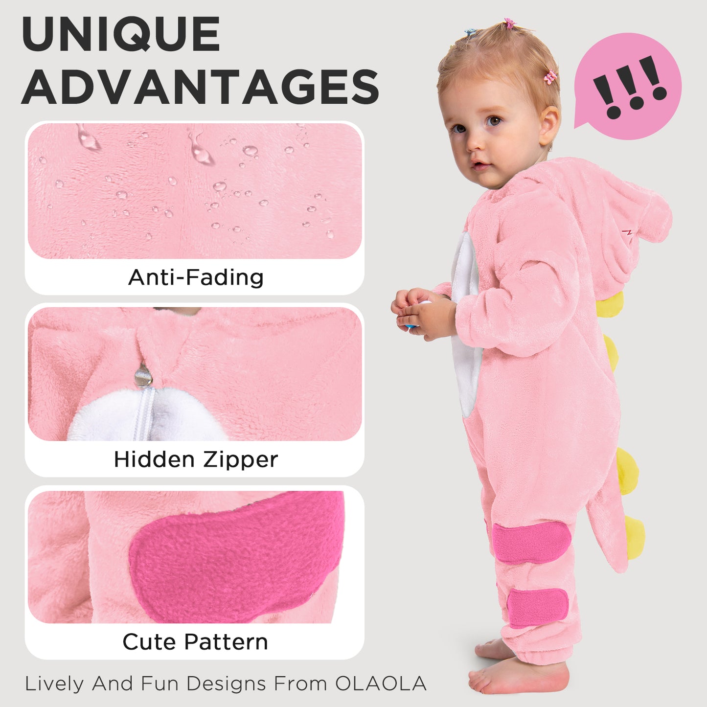 OLAOLA Baby Pink Dinosaur Pajamas Animal Onesie Toddler Romper Plush Dress Up Infant Outfits Halloween Suit