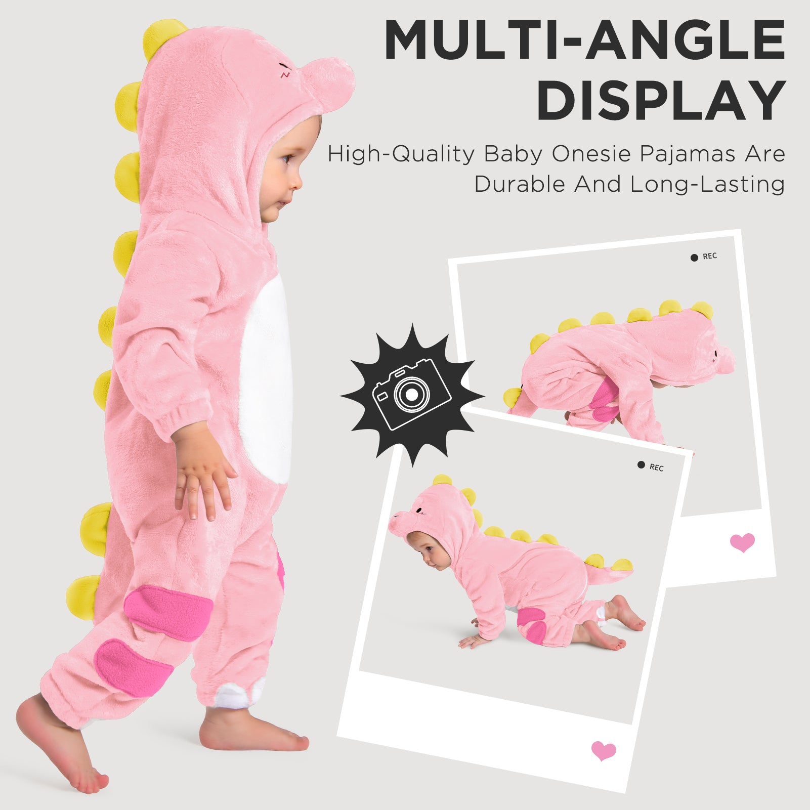 OLAOLA Baby Pink Dinosaur Pajamas Animal Onesie Toddler Romper Plush Dress Up Infant Outfits Halloween Suit