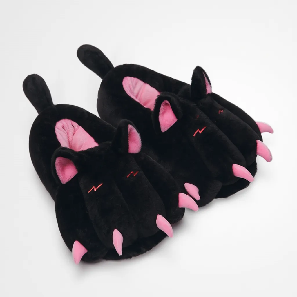 OLAOLA Black Cat Paw Slippers Warm Plush Animal Indoor Non-slip Home Fluffy Thick Bottom Shoes Gifts For Birthday Christmas
