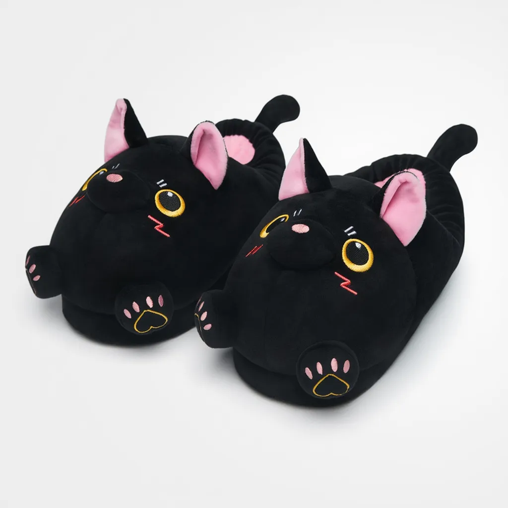 OLAOLA Black Cat Slippers Warm Plush Animal Indoor Non-slip Home Fluffy Thick Bottom Shoes Gifts