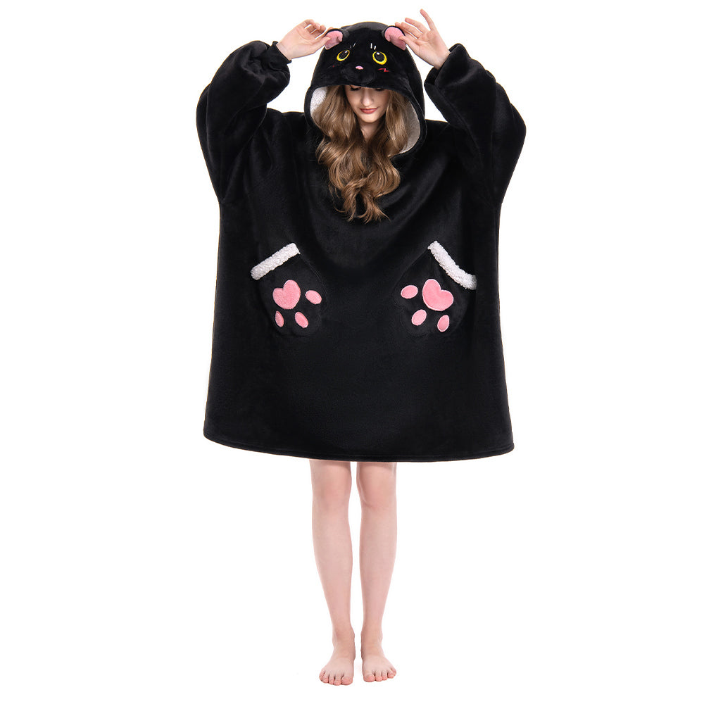 OLAOLA Black Cat Wearable Blanket Hoodie Animals Onesie Oversized Soft Homwear With Pocket For Adult