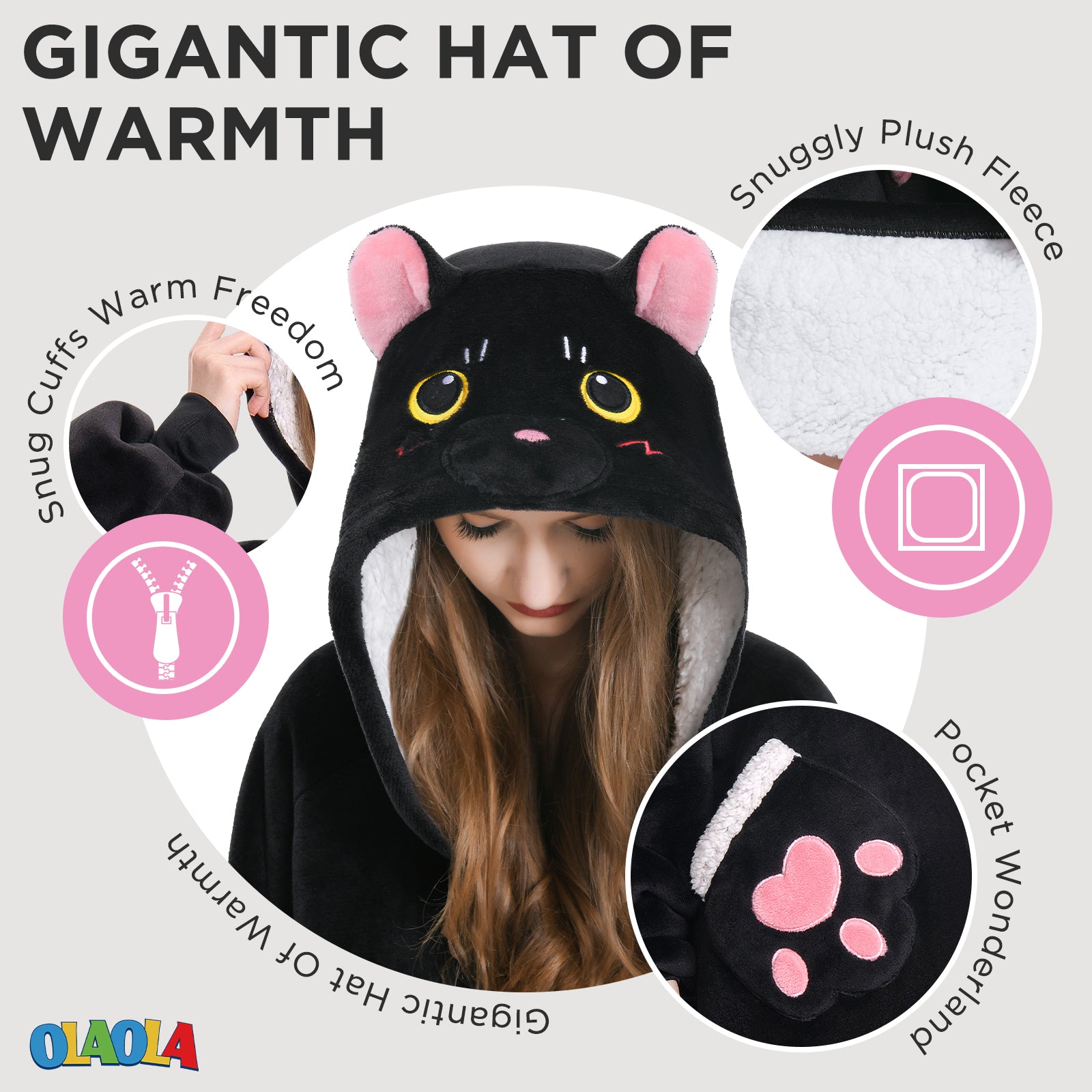 OLAOLA Black Cat Wearable Blanket Hoodie Animals Onesie Oversized Soft Homwear With Pocket For Adult