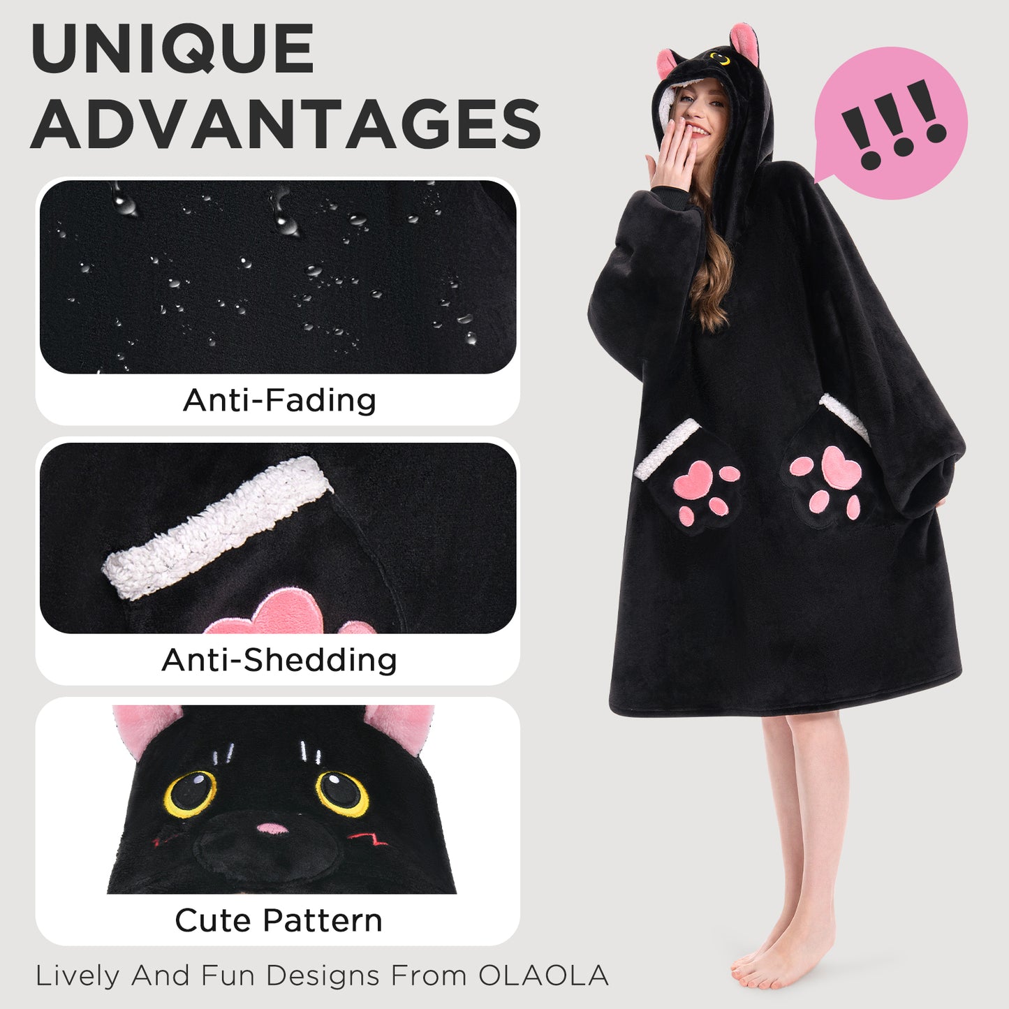 OLAOLA Black Cat Wearable Blanket Hoodie Animals Onesie Oversized Soft Homwear With Pocket For Adult