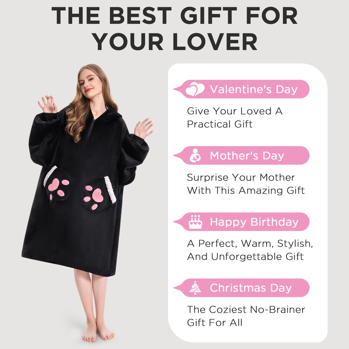 OLAOLA Black Cat Wearable Blanket Hoodie Animals Onesie Oversized Soft Homwear With Pocket For Adult