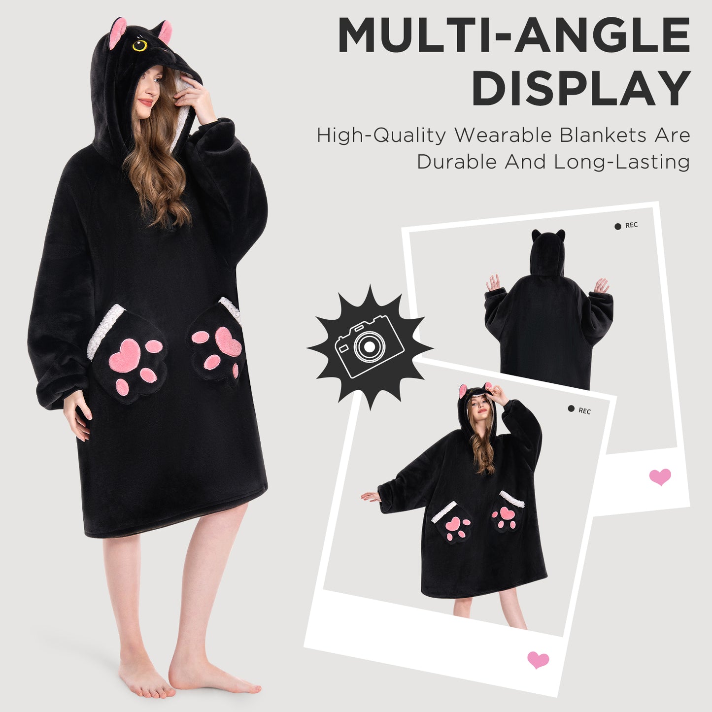 OLAOLA Black Cat Wearable Blanket Hoodie Animals Onesie Oversized Soft Homwear With Pocket For Adult
