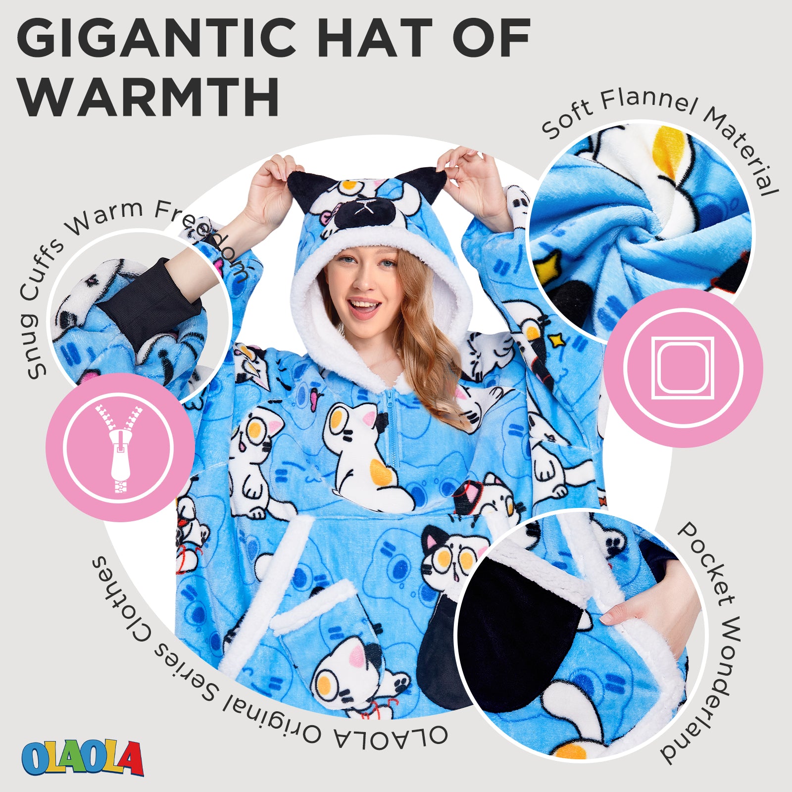 OLAOLA Blue Cat Wearable Blanket Hoodie Animals Onesie Oversized Soft Homewear With Giant Pocket For Adult