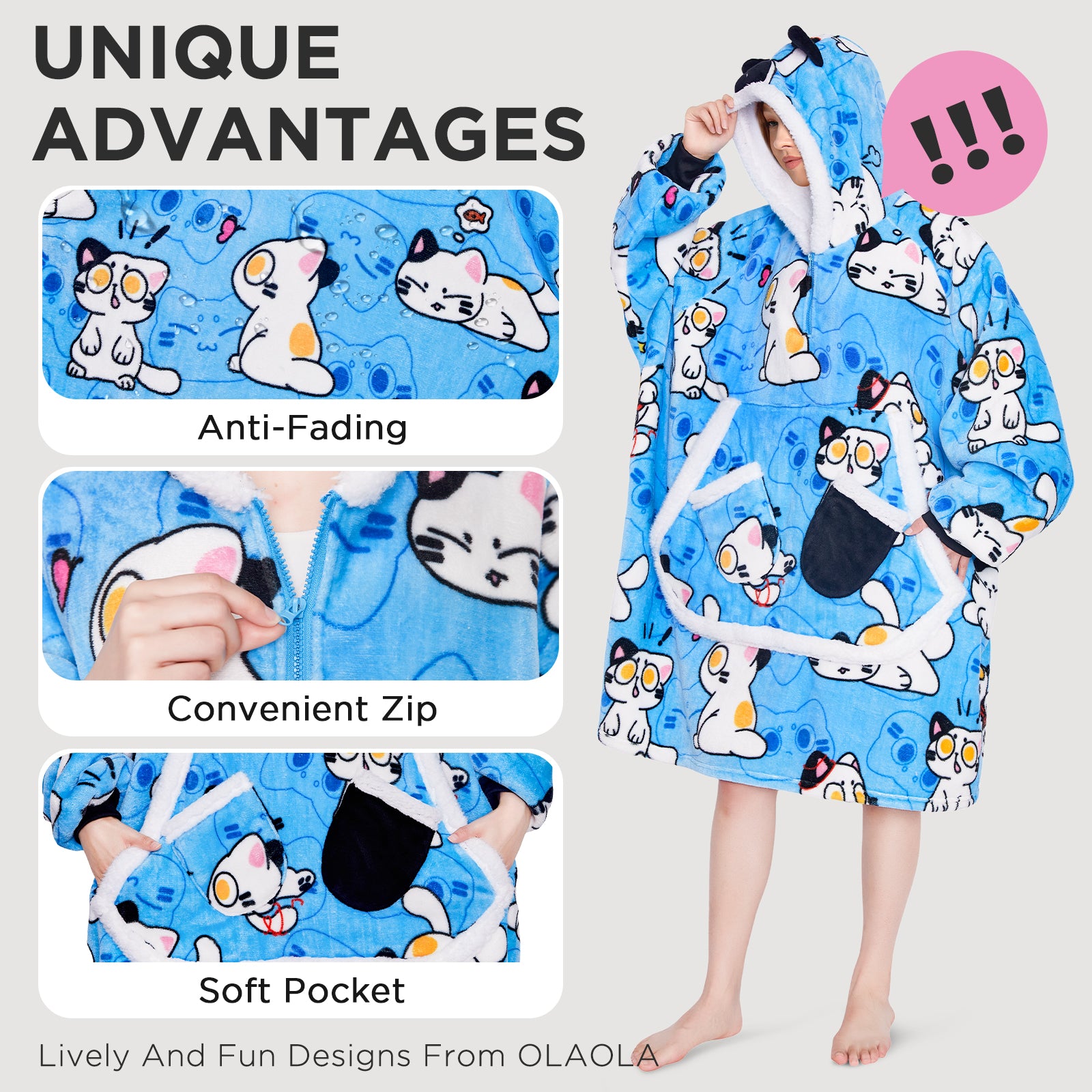 OLAOLA Blue Cat Wearable Blanket Hoodie Animals Onesie Oversized Soft Homewear With Giant Pocket For Adult