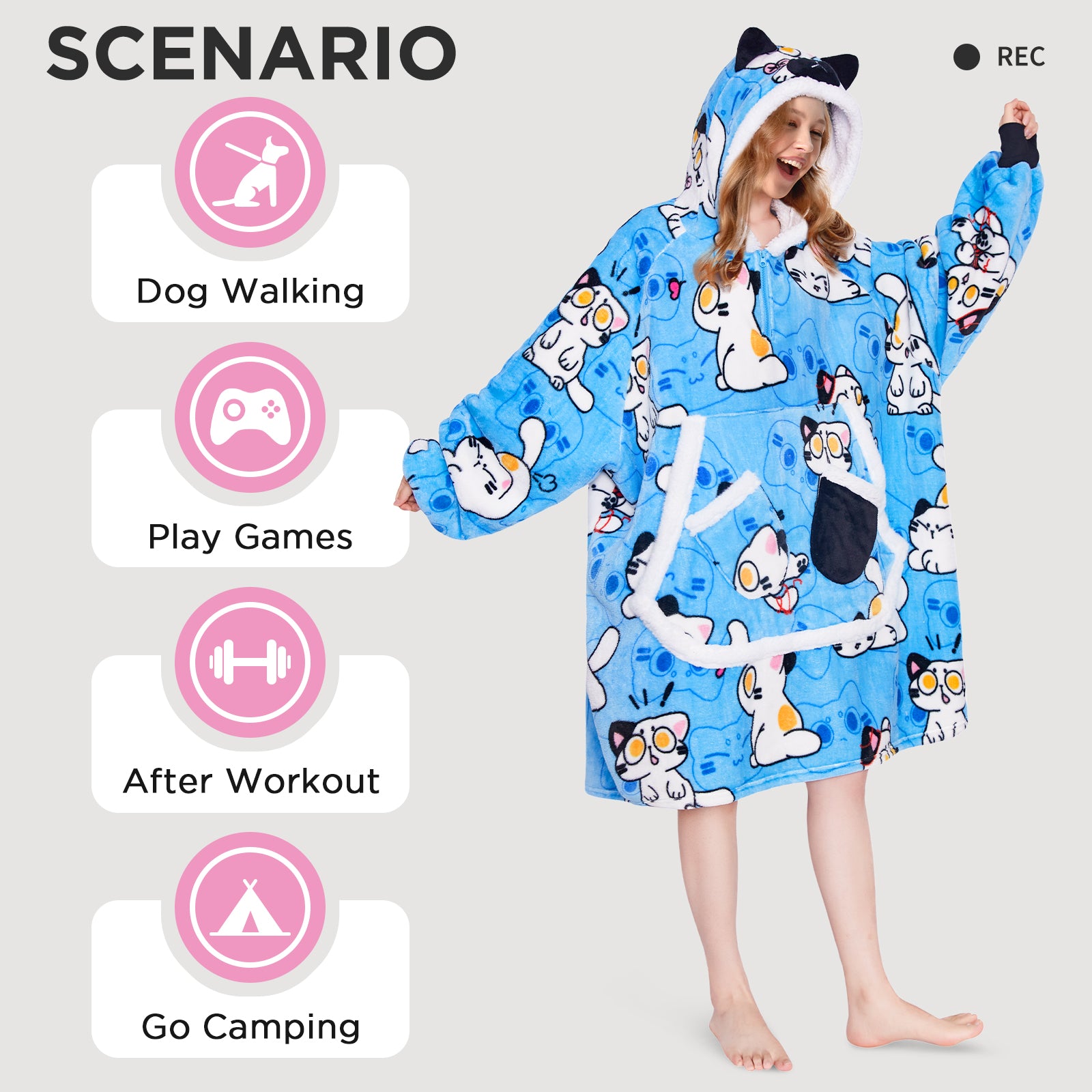 OLAOLA Blue Cat Wearable Blanket Hoodie Animals Onesie Oversized Soft Homewear With Giant Pocket For Adult