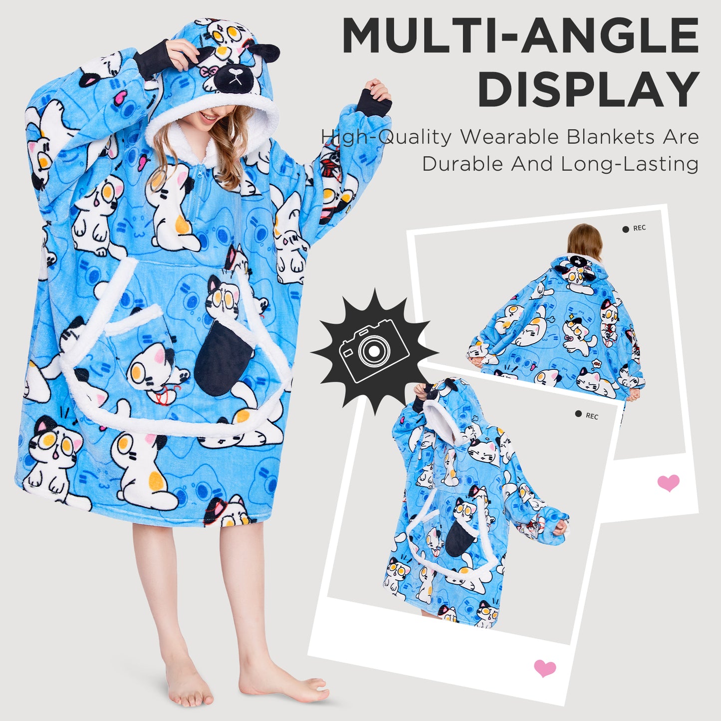 OLAOLA Blue Cat Wearable Blanket Hoodie Animals Onesie Oversized Soft Homewear With Giant Pocket For Adult
