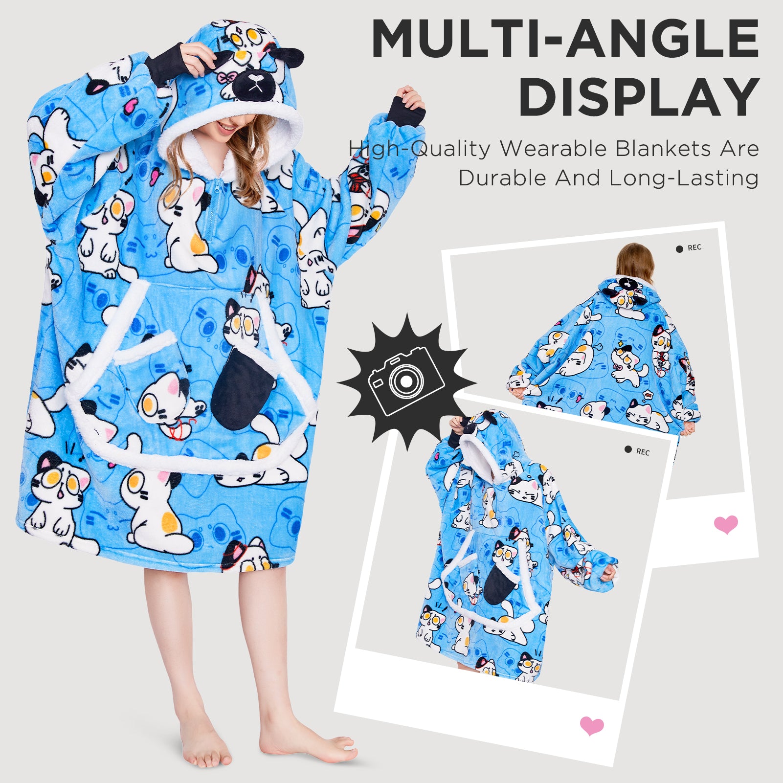 OLAOLA Blue Cat Wearable Blanket Hoodie Animals Onesie Oversized Soft Homewear With Giant Pocket For Adult