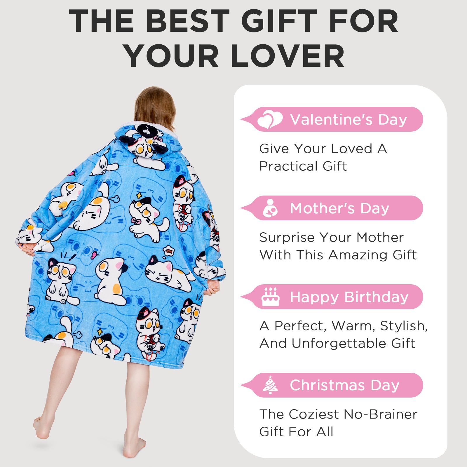 OLAOLA Blue Cat Wearable Blanket Hoodie Animals Onesie Oversized Soft Homewear With Giant Pocket For Adult