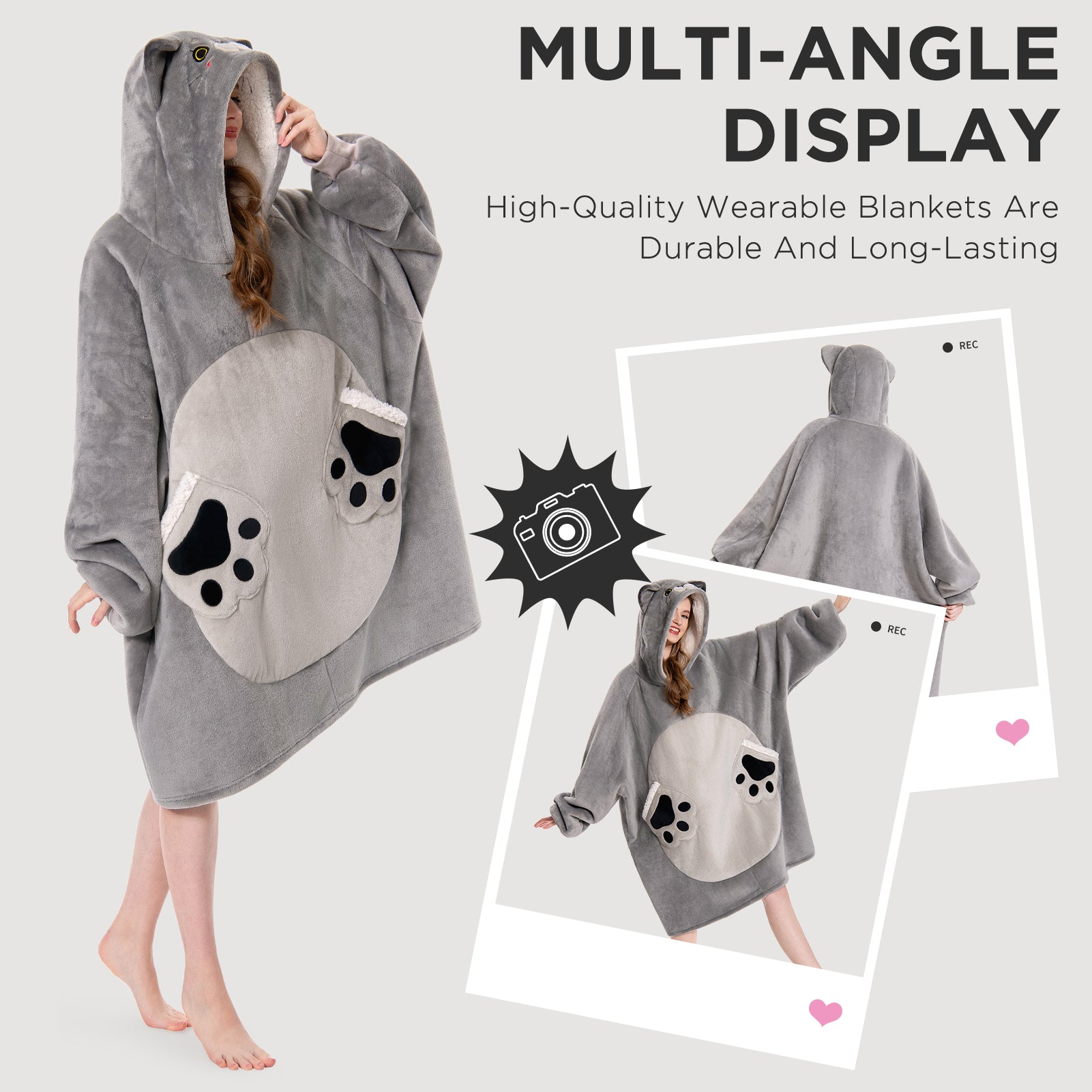 OLAOLA Blue Cat Wearable Blanket Hoodie Animals Onesie Oversized Soft Homewear With Pocket For Adult