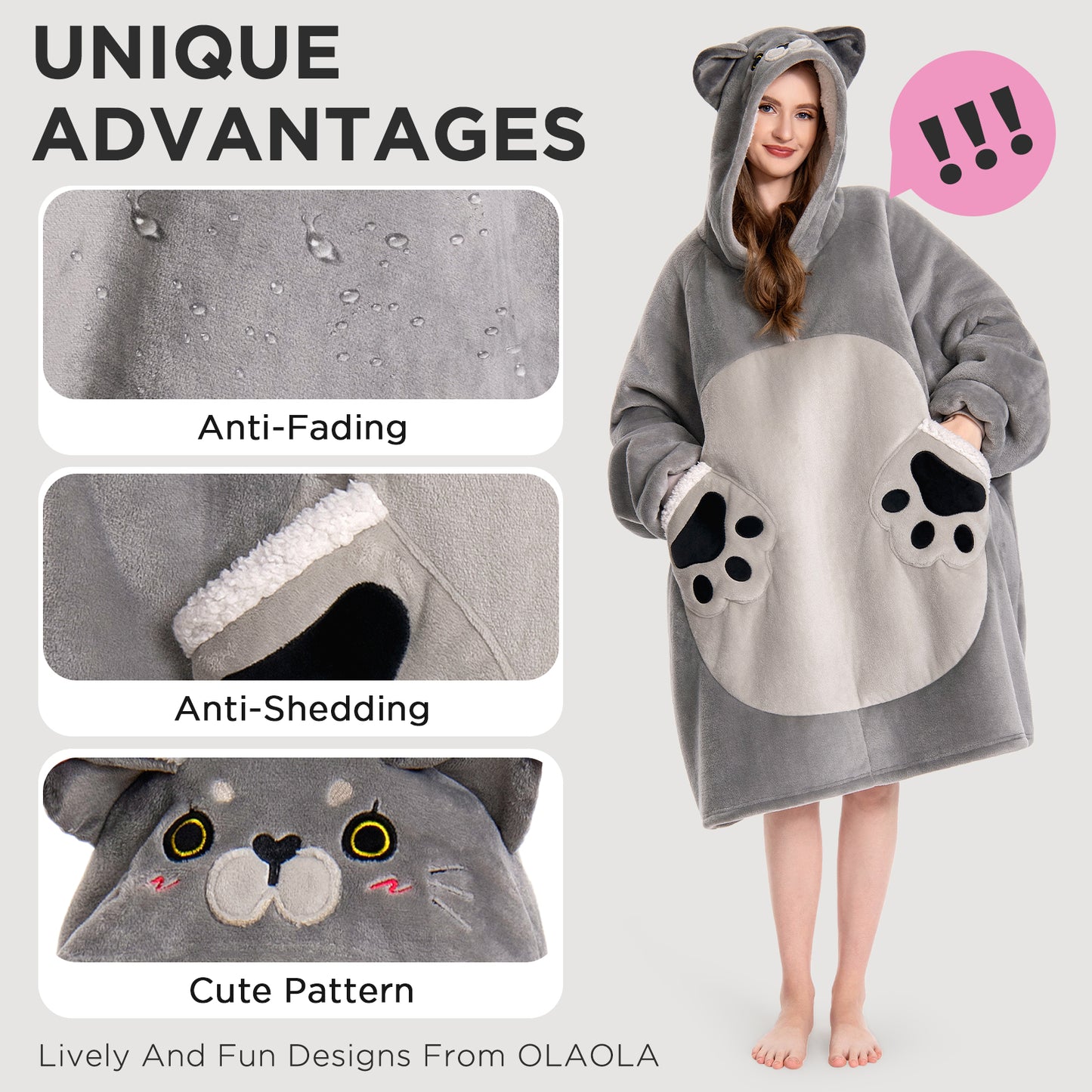 OLAOLA Blue Cat Wearable Blanket Hoodie Animals Onesie Oversized Soft Homewear With Pocket For Adult