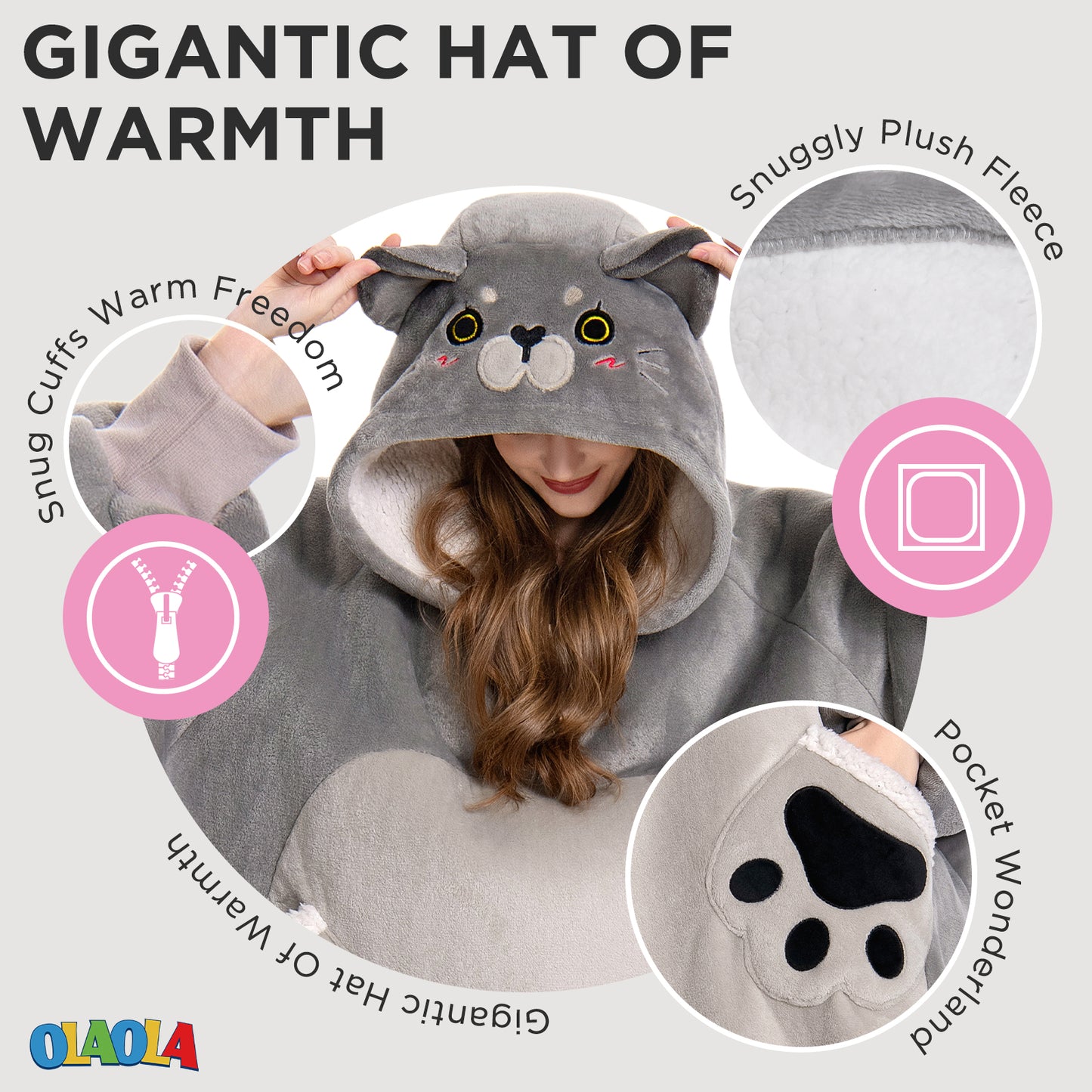 OLAOLA Blue Cat Wearable Blanket Hoodie Animals Onesie Oversized Soft Homewear With Pocket For Adult