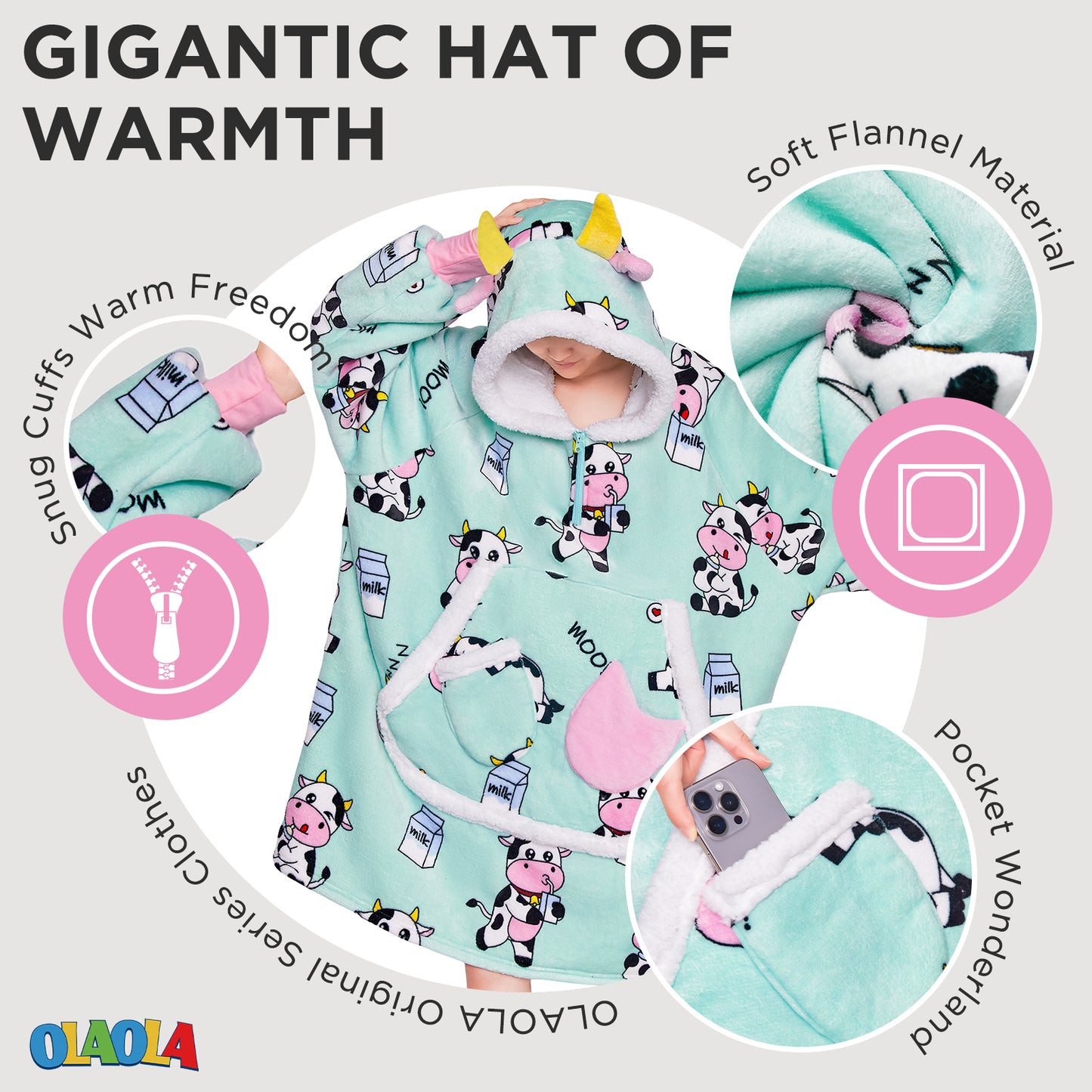 OLAOLA Blue Cow Wearable Blanket Kawaii Cattle Hoodie Animals Onesie Oversized Soft Homwear With Giant Pocket For Adult